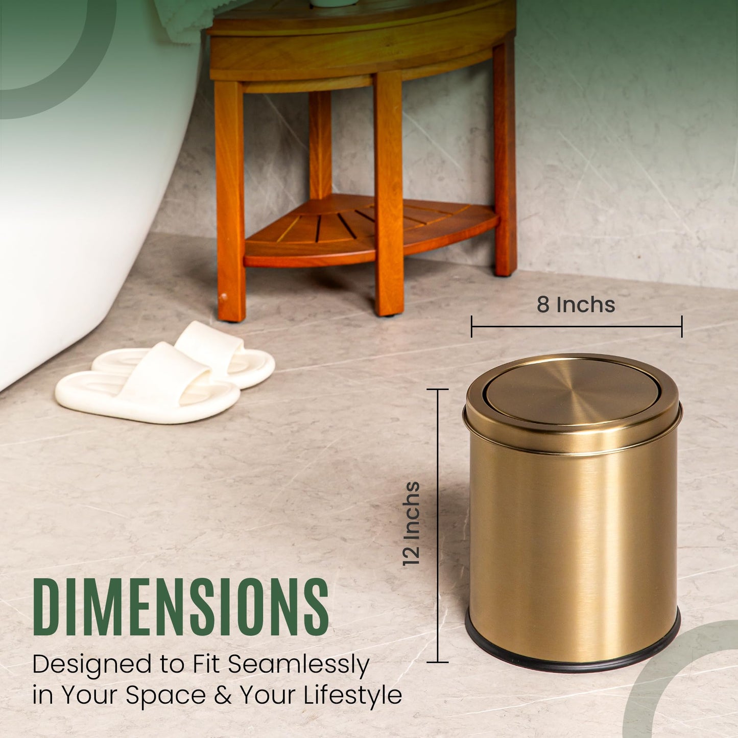 Gold Trash Can | Bathroom Garbage Bin with Lid | 5L Small Metal Wastebasket | Stainless Steel Rubbish Can | Non Slip Base | Simple Human Garbage Can | Office Wastebasket |