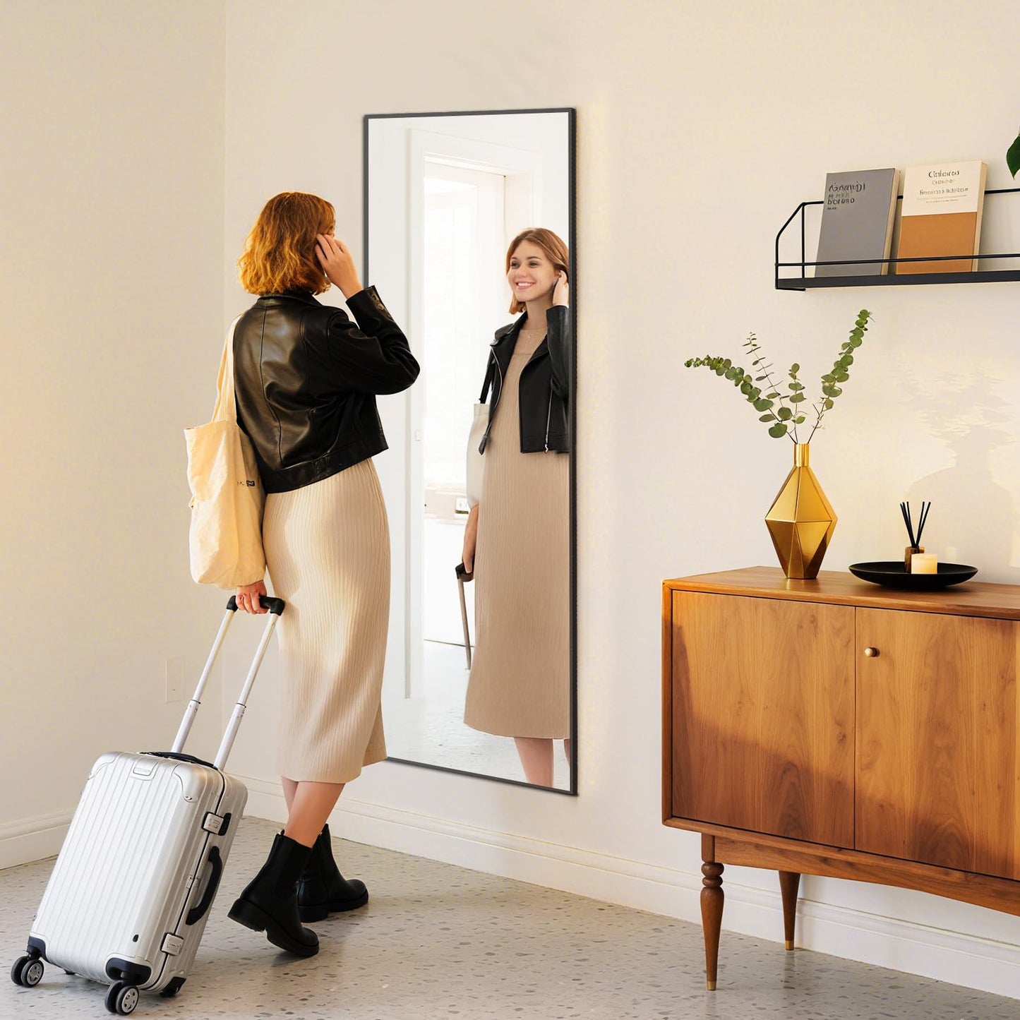 NEWBULIG Full Length Mirror, 59"x16" Full Body Mirror, Standing with Tempered Glass, Hanging or Leaning for Wall, Aluminum Alloy Thin Frame Floor Standing for Bedroom, Cloakroom, Black