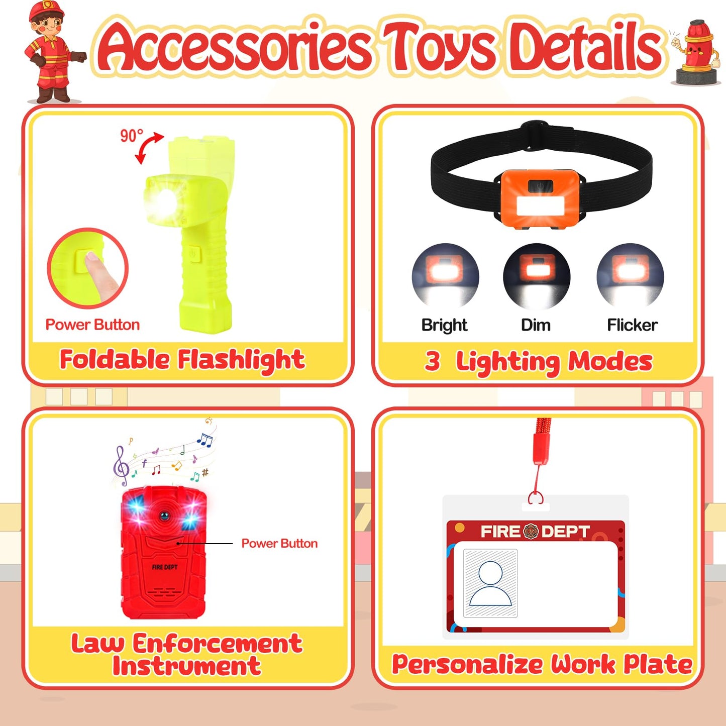 HUUIDY Fire Chief Costumes for Kids, Fireman Role Play Dress Up Set, Kids Costume with Fire Fighter Accessories