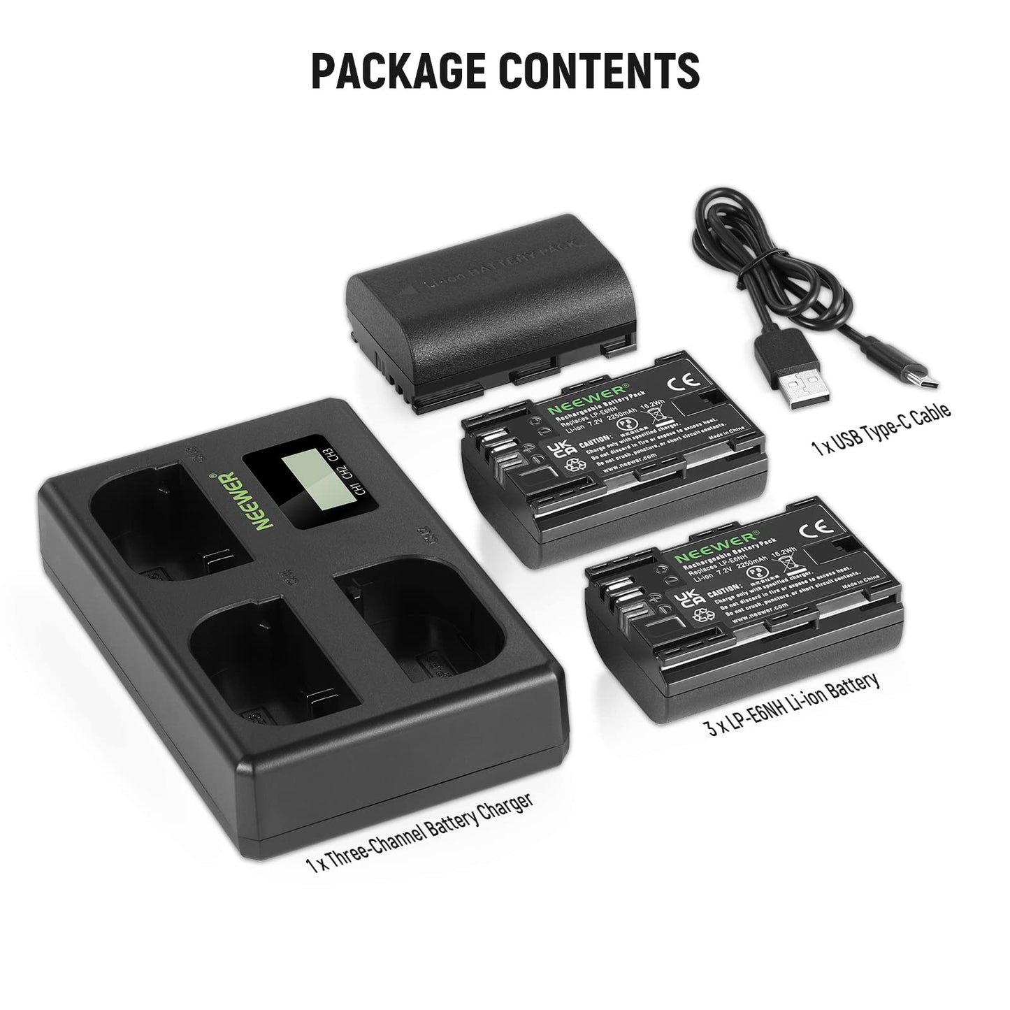 NEEWER LP-E6NH Replacement Battery and USB Charger Set, Pack of 3, 2250 mAh Replacement for LP-E6NH Battery & Triple Slot USB Charger Compatible with Canon EOS R7 R5 R6 R6 II R, 5DIV, 6DII, 7DII, 80D,