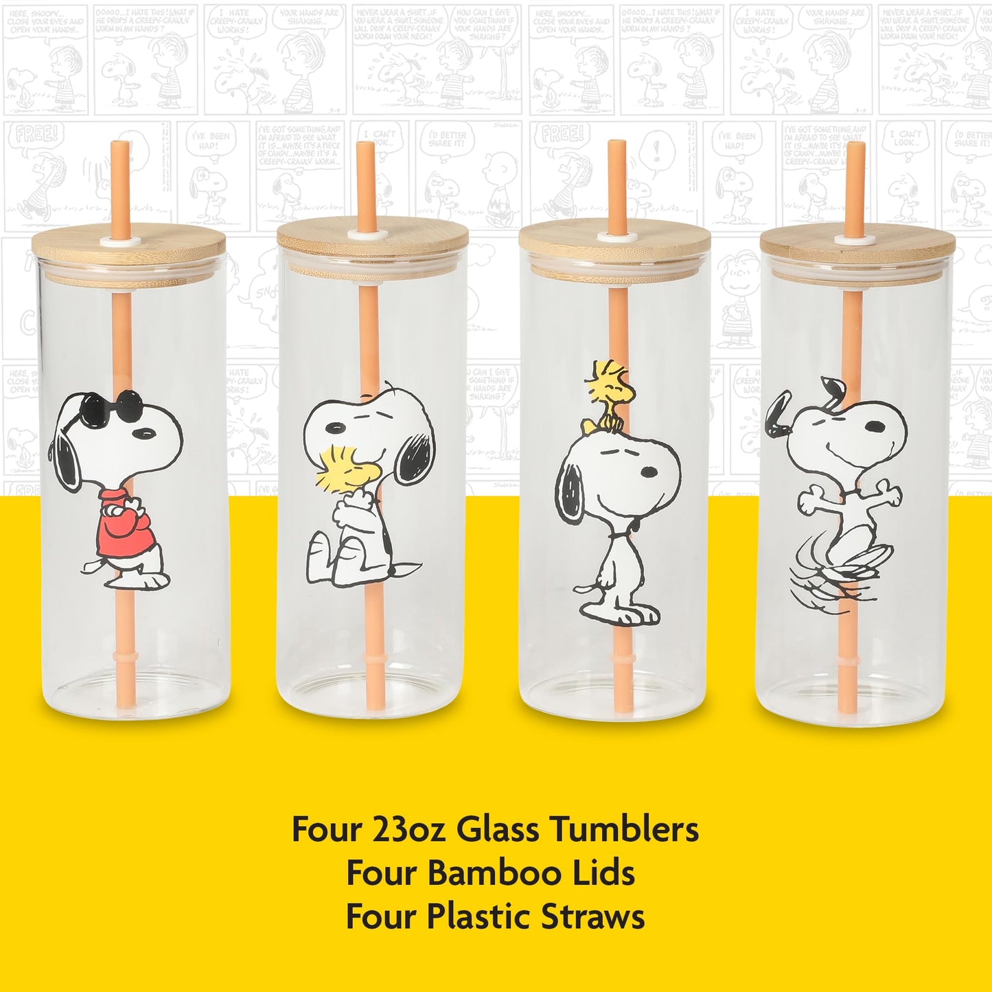 Peanuts Snoopy Happy Sips 4 Piece 23 OZ Tumbler Set with 4 Bamboo Lids and 4 Straws Set, Iced Coffee, Smoothie, Water Cup - Dishwasher Safe