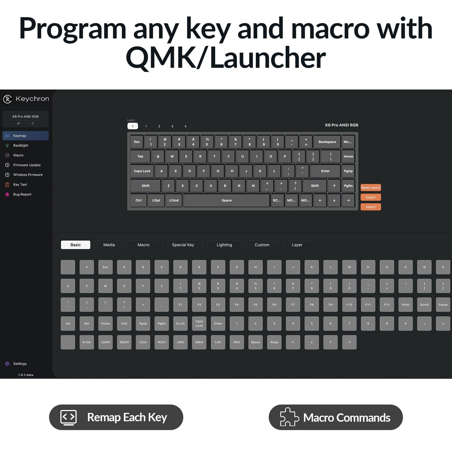 Keychron K6 Pro Wireless Custom Mechanical Keyboard Barebone Version, QMK/Launcher Programmable Macro, Hot-Swappable 65% Layout, RGB Backlit Office Gaming Keyboard for Mac Windows Linux - Black