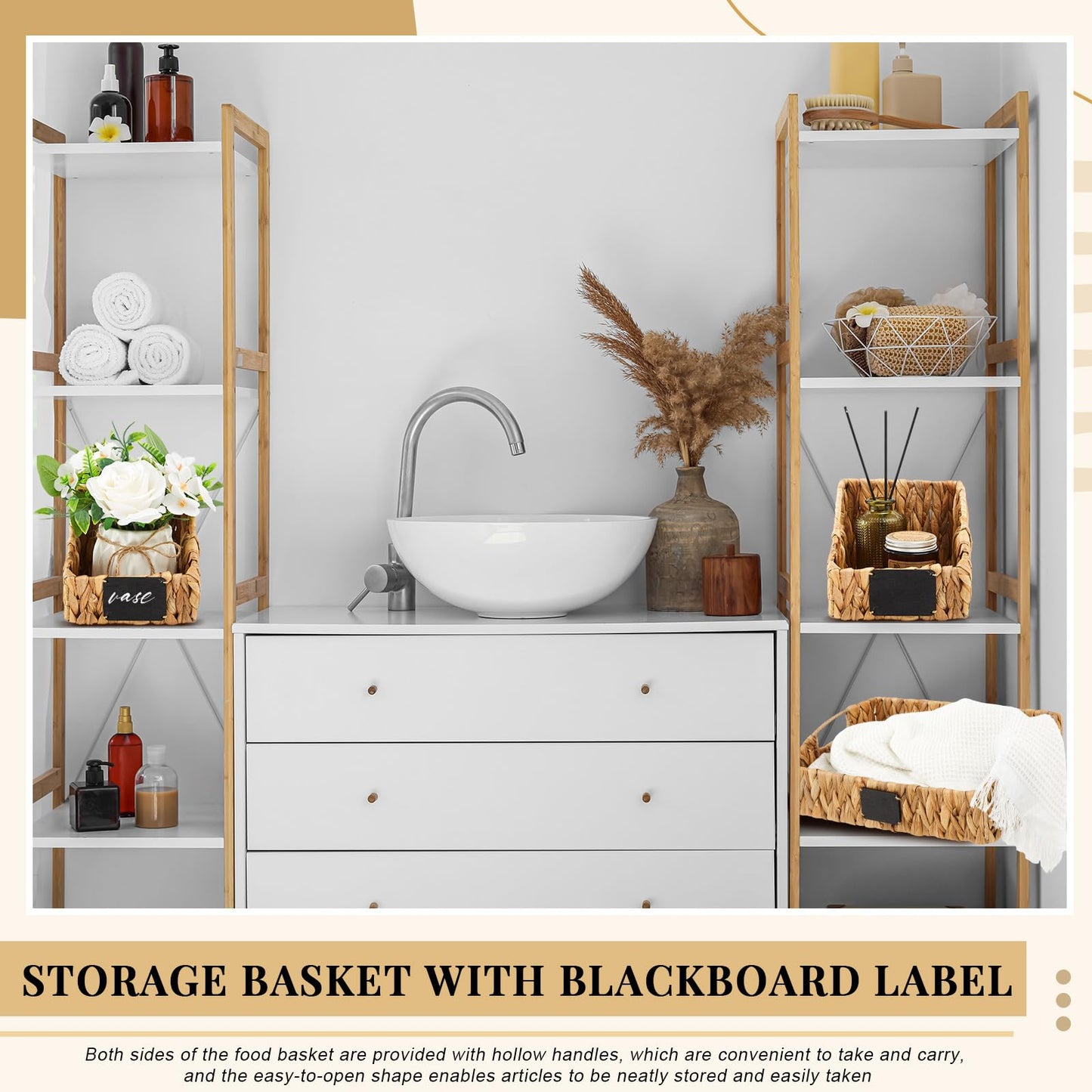 Wonderjune 4 Pcs Natural Water Hyacinth Storage Baskets Set Stackable Handwoven Wicker Storage Bins with Chalkboard Label Built-in Handles Woven Container Basket Kitchen Storage Baskets for Shelves