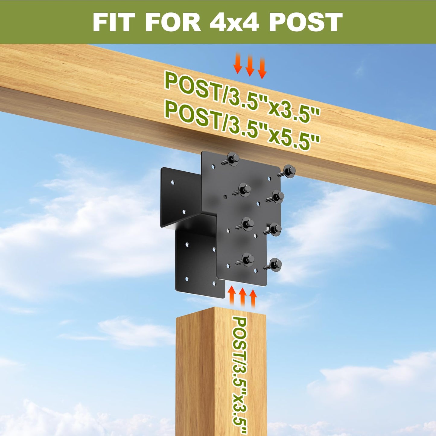 4x4 Post Caps Tie Brackets (Actual 3.5"x3.5") -4 Pack Heavy Duty Galvanized Steels Pergola Connector Brackets for Wood Posts, Gazebo & Deck Beams (Black)