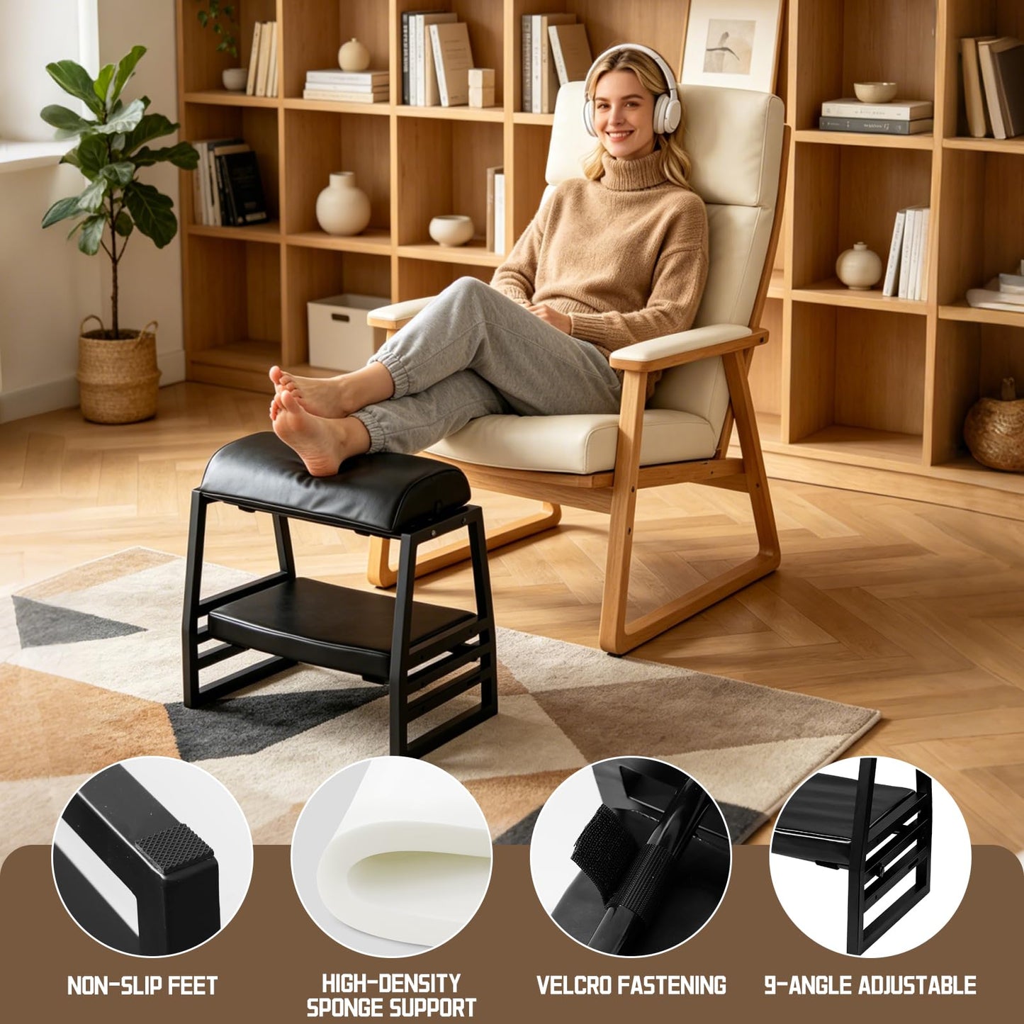 Arejonner Adjustable Double Step Footrest Under Desk,9-Angle Double Step Foot Stool for Office & Home, Ergonomic Foot Support with Non-Slip Pads - Black