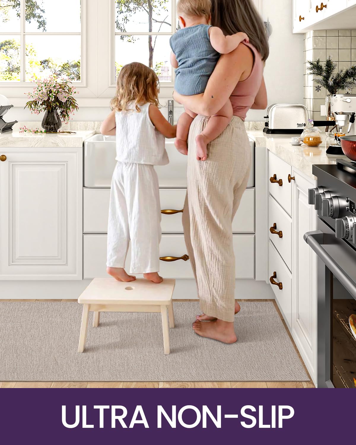 DEXI Kitchen Rugs Non Slip Washable, 24x36+24x82 Absorbent Floor Mats Thin, Soft Carpet Runner for Sink Laundry, Set of 2, Beige