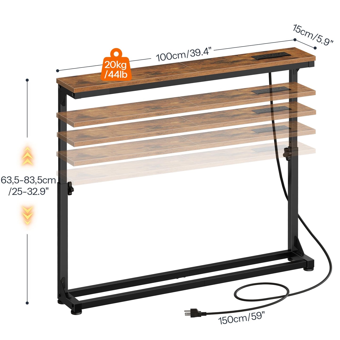 HOOBRO Narrow Console Table with Charging Station, Adjustable Height Sofa Table (25''-32.9''), Slim Behind Couch Table for Small Spaces, Entryway, Living Room, 39.4" Rustic Brown BF95UXG01