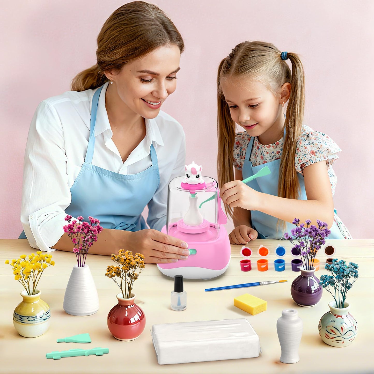 Wwzzey Mini Pottery Wheel for Kids, Pottery DIY Crafts Toy with Painting Kit Gifts for Christmas Toy for Kid Boy Girl Ages 8-12 Toys for Girl 6 7 8 9 10 11 12 Year Old- Pink