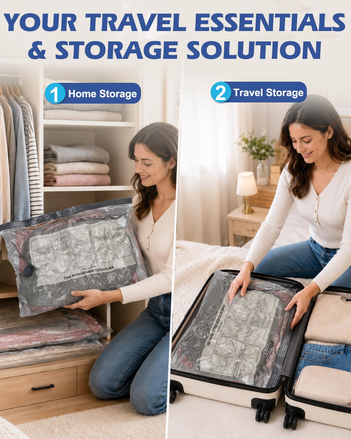 Fantictas Vacuum Storage Bags for Travel 18 Pack Combo Space Saver Bags with Rechargeable Pump Vacuum Seal Bags for Clothing and Clothes Carry-on Size Vacuum Bags for travel Compression Packing Bags