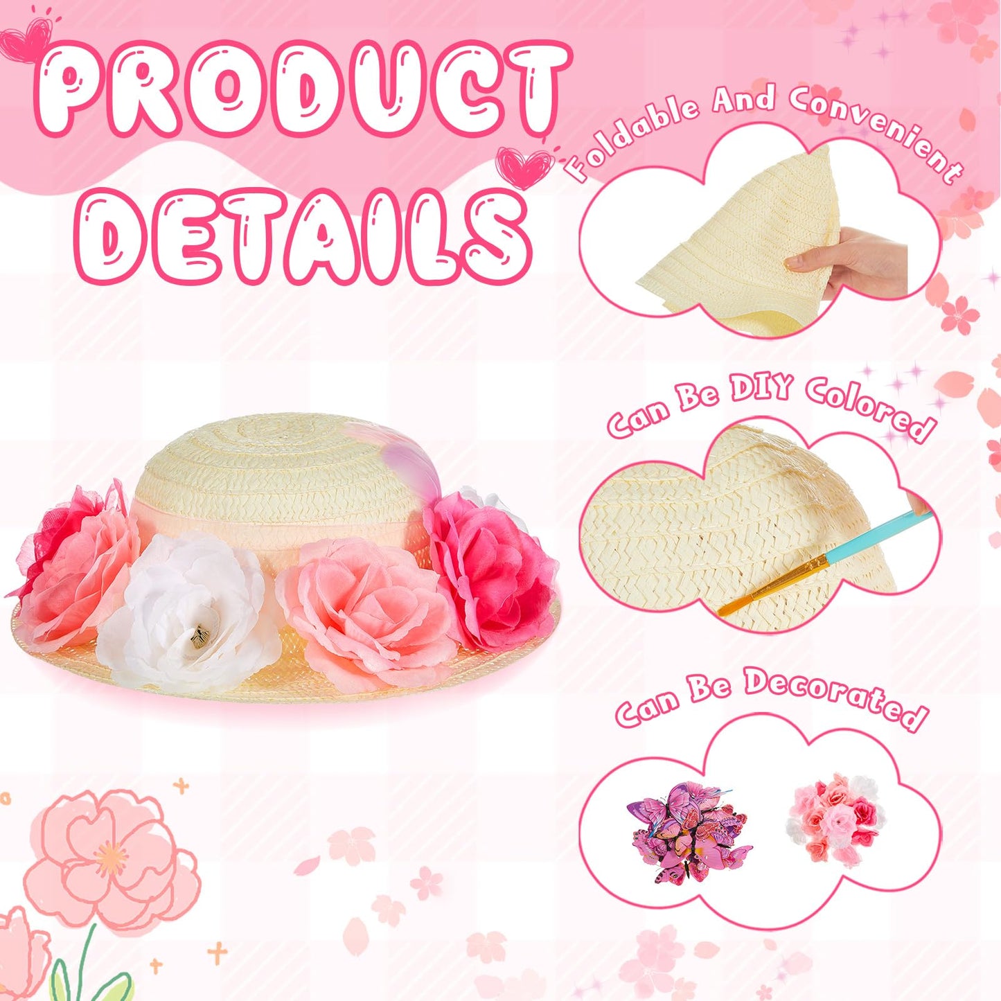 Hotop 24 Pcs DIY Tea Party Hats for Girls with 48 Pcs Artificial Flower 24 Pcs Faux Butterfly 100 Pcs Fake Feather 1 Ribbon DIY Straw Hats Set Straw Hats for Crafts Dress up Hats Straw Farmer Hat