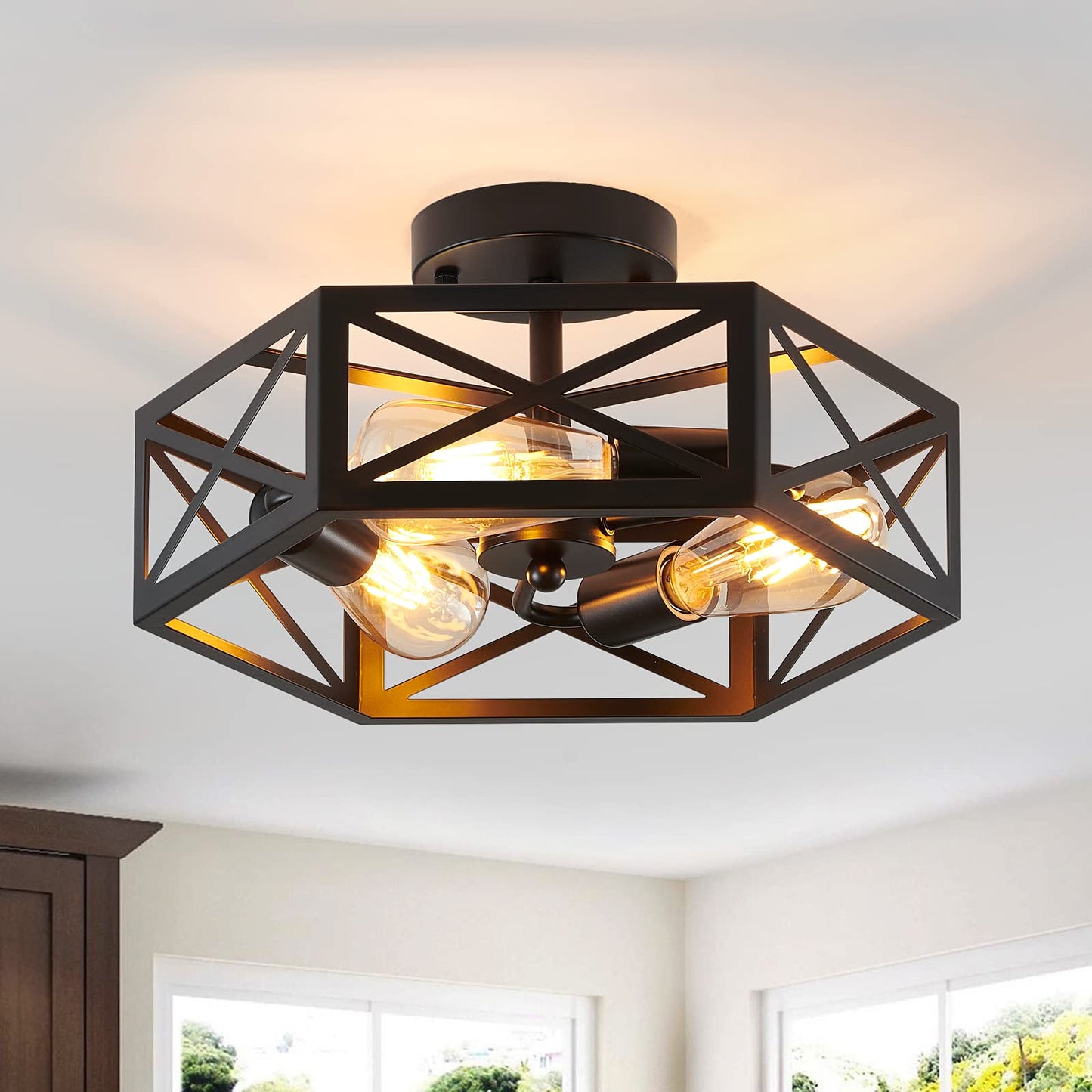XSDeTu Semi Flush Mount Ceiling Light Fixture, Modern Farmhouse 3-Light Black Ceiling Light, Industrial Close to Ceiling Light with Metal Hexagon Cage Ceiling Lamp for Kitchen, Hallway, Bathroom