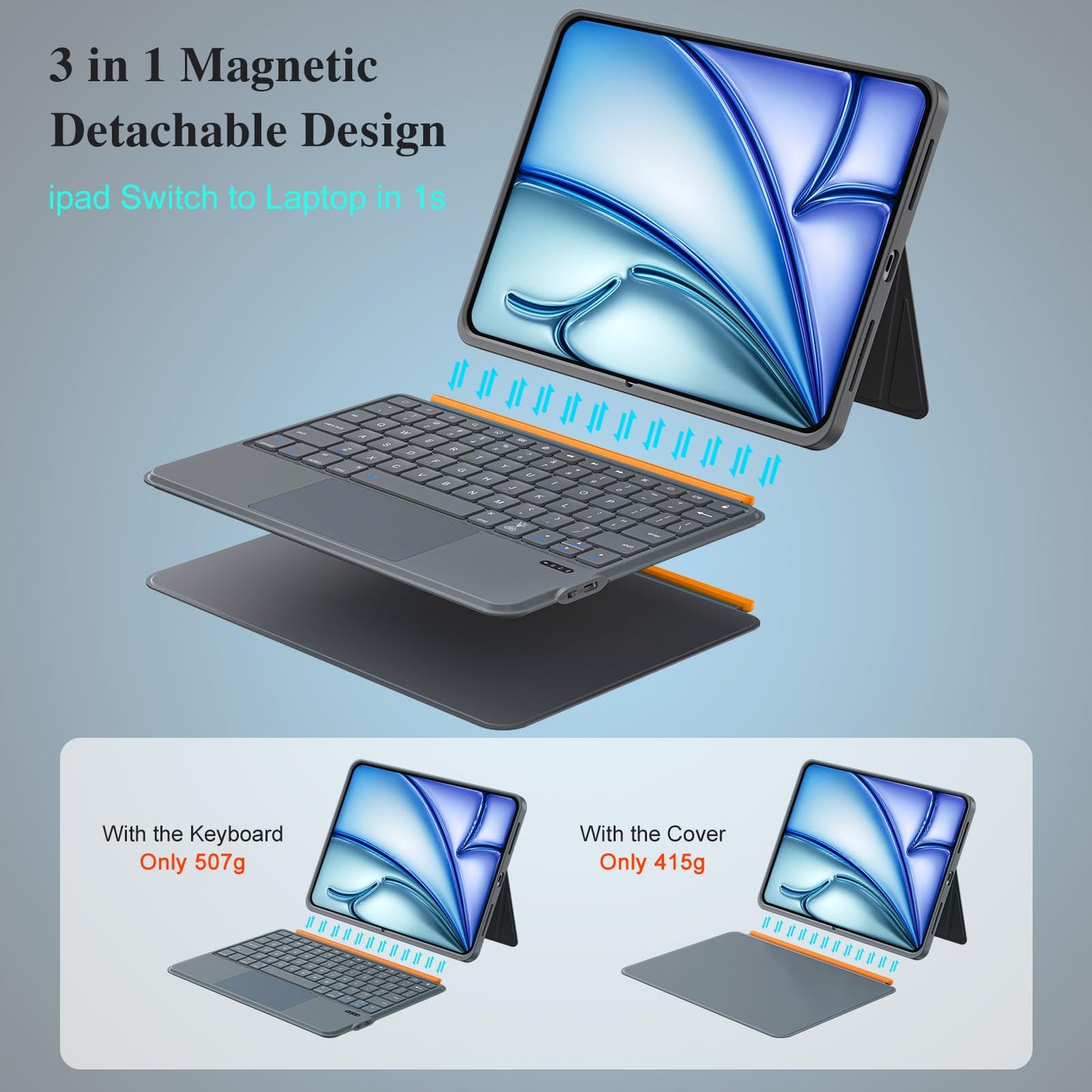 iPad Air 11 inch Case with Keyboard (M3 M2 2025 2024),Pro 11,iPad A16 11th/10th,Flex Magnetic Detachable Keyboard with Trackpad,Backlit Keys,Adjustable Stand,Slim for Air 5th/4th Gen 10.9 inch (Gray)
