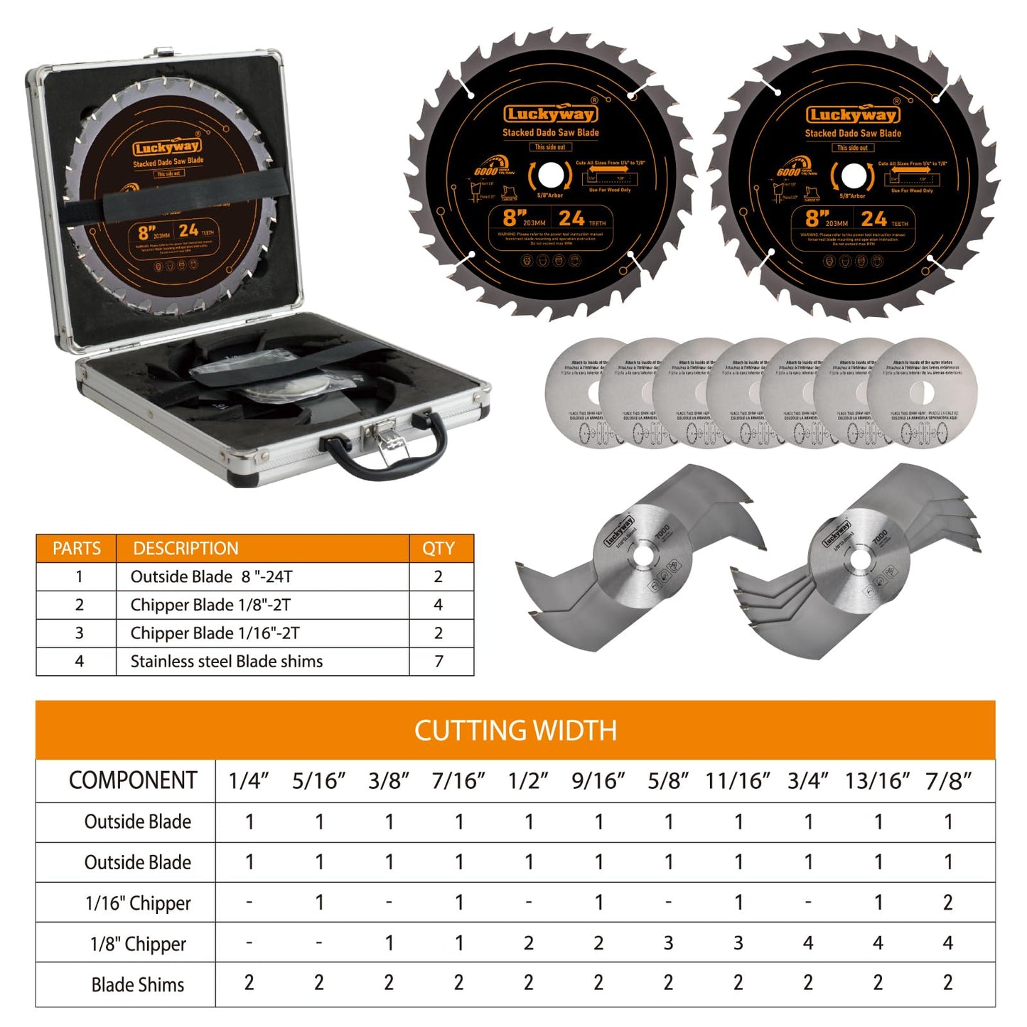 Luckyway Dado Blade Set, 8 Inch Stacked Dado Blades for 10" Table Saw 24 Carbide Tip Tooth with 5/8 Inch Arbor, Cutting Width from 1/4" to 7/8" in 1/16"- 15 Pieces