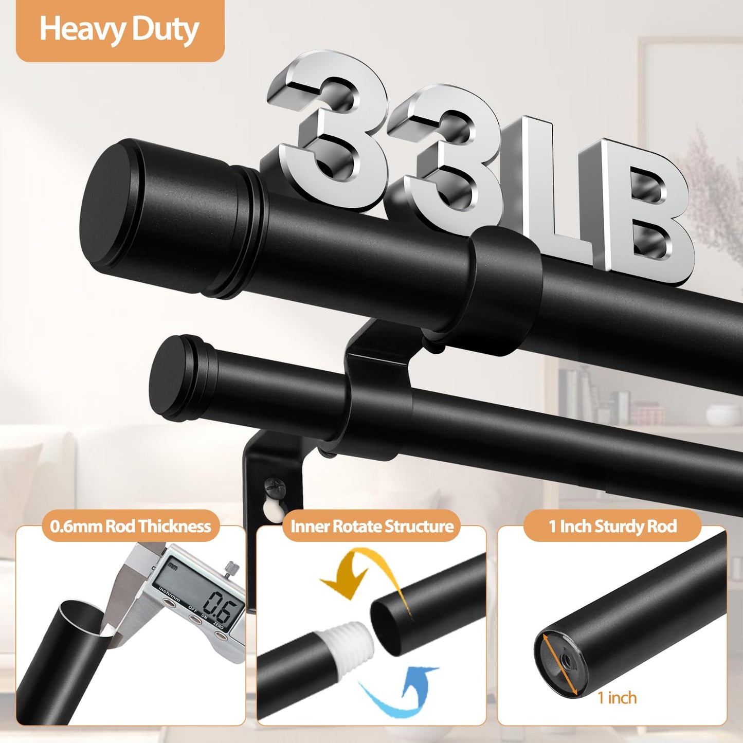 Double Curtain Rod 140 to 195 Inch, HOTOZON 1 Inch Heavy Duty Double Curtain Rods for Windows 128 to 191 Inches(10.6-15.9 ft), Telescoping Drapery Rod with Simple End Finials, Black