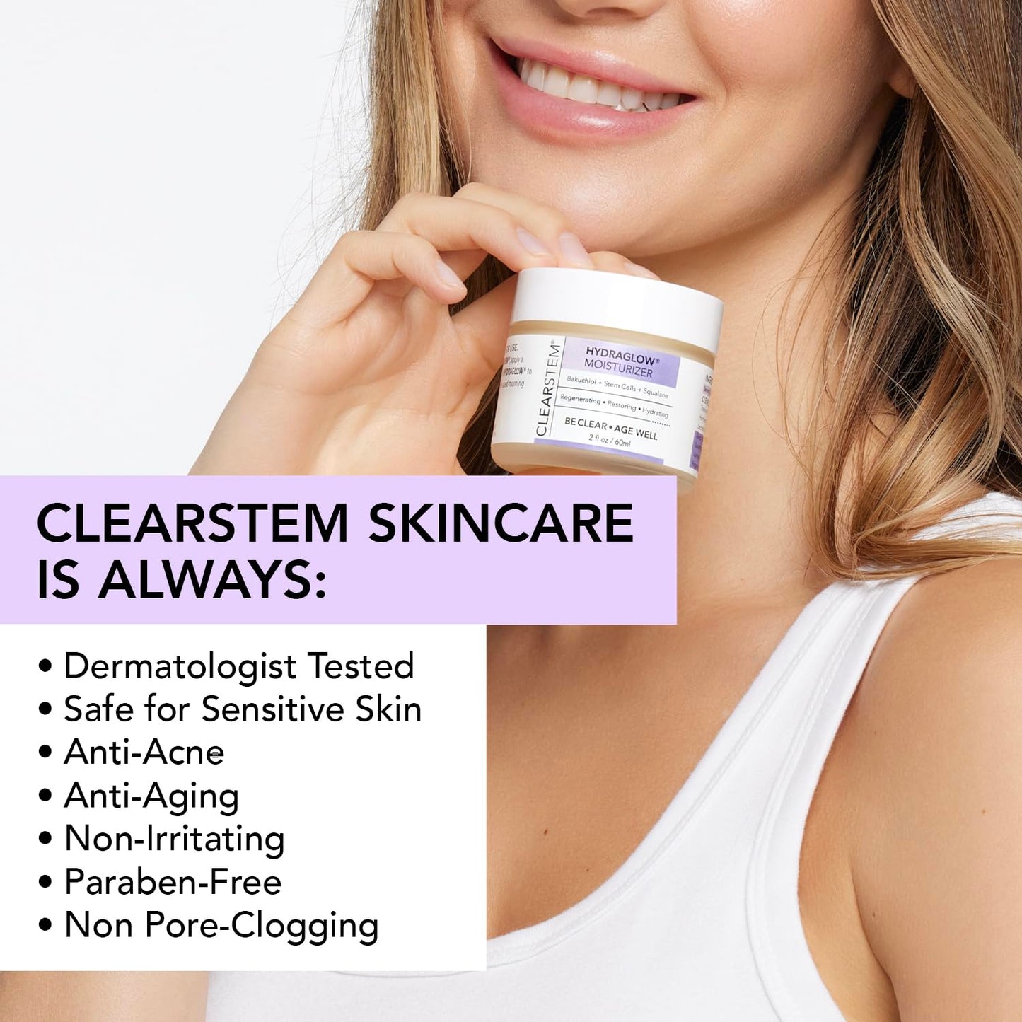 CLEARSTEM - HYDRAGLOW Stem Cell Moisturizer - Bakuchiol + Squalene - Youthful Skin Face Moisturizer - All Skin Types - Facial Skin Care Products - Vegan, Gluten Free, Cruelty Free - 2 fl oz / 60ml