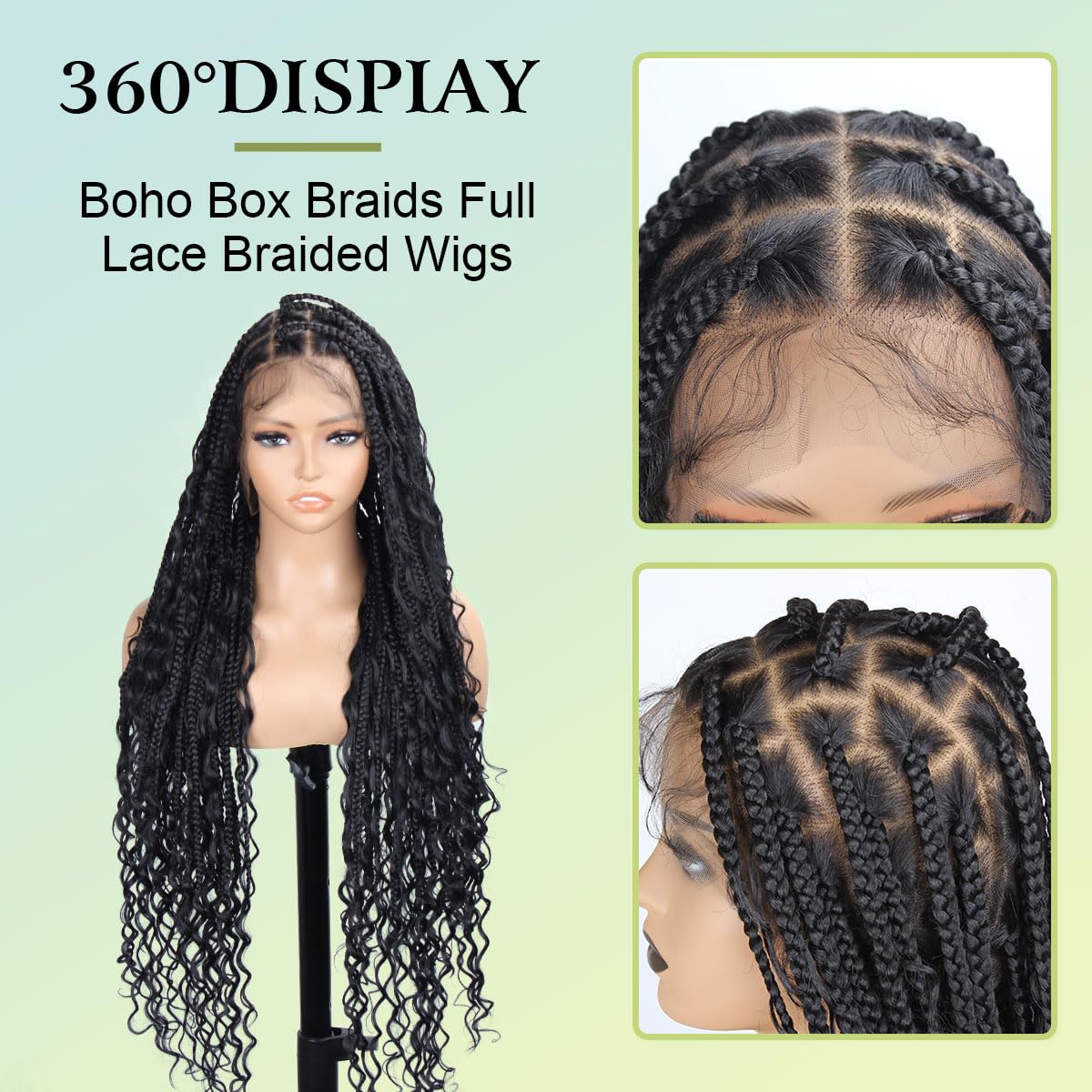 Vecago 36 inch Single Full Lace Boho Braided Wigs for Black Women, 360 HD Lace Knotless Box Braid Wigs with Baby Hair Black Synthetic Braid Wig
