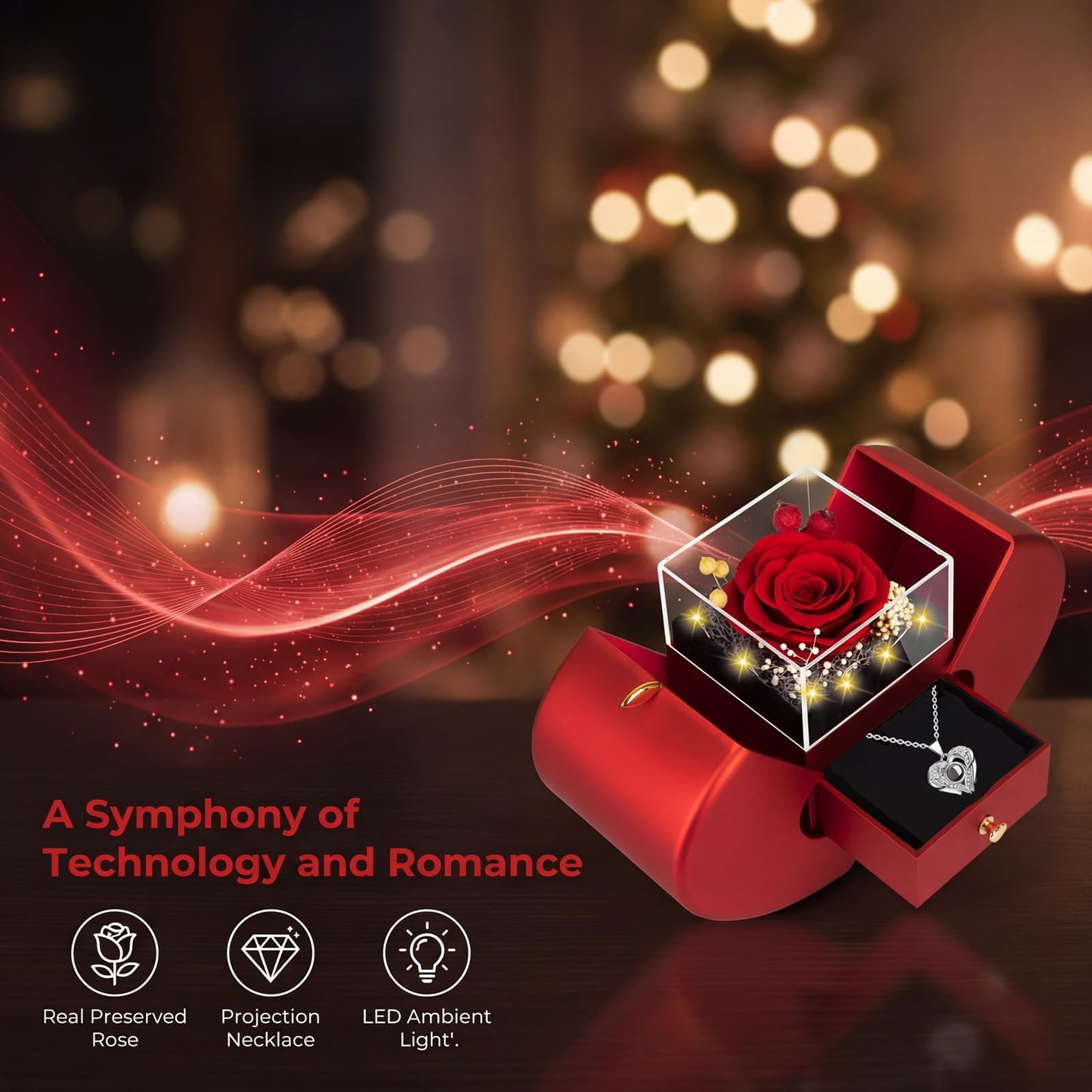 moshen Preserved Red Rose Flower Gift Box with LED Lights, Romantic Gift for Women, Ideal Gift for Mom Wife Girlfriend on Mother's Day, Valentine's Day, Christmas, Birthdays Anniversary (Red)