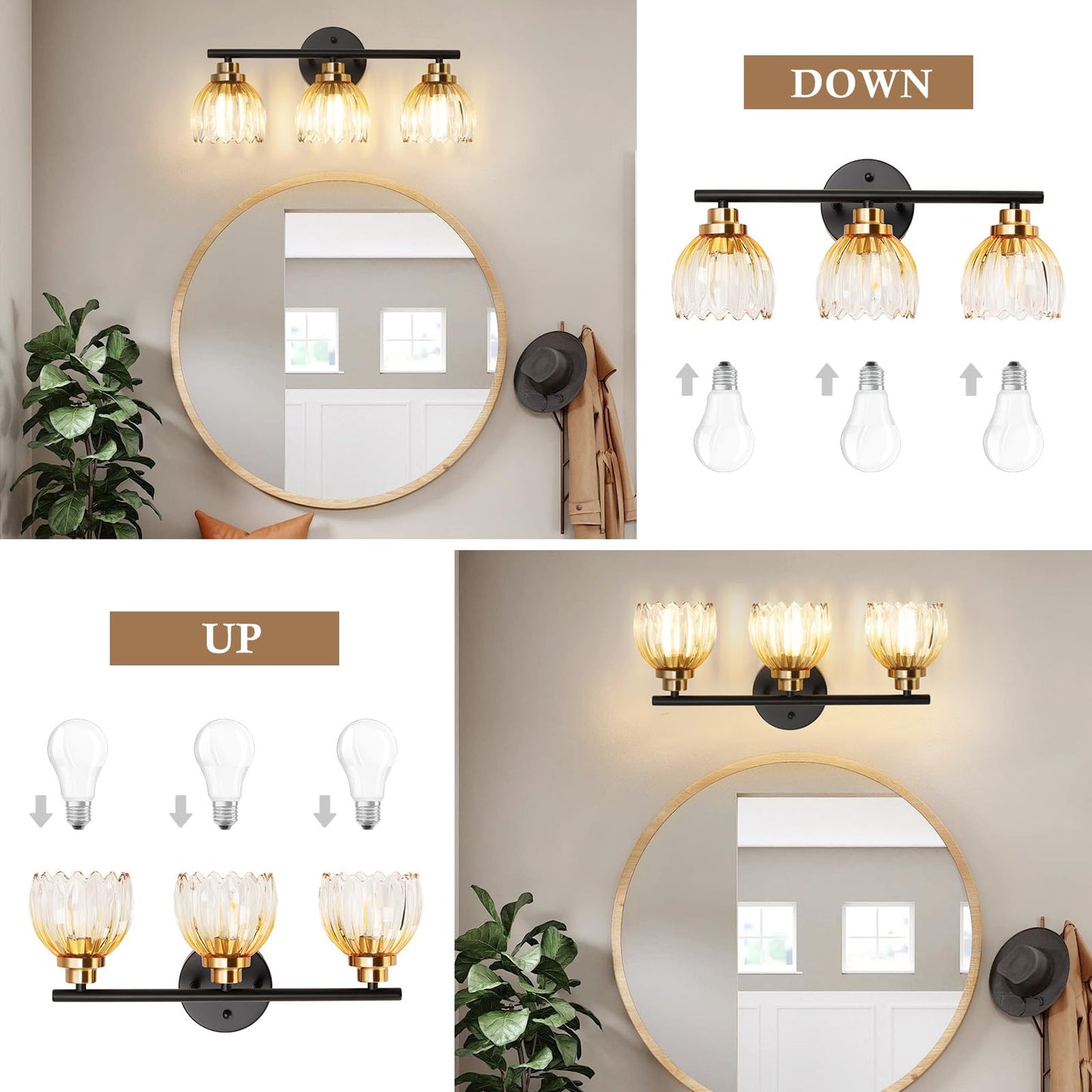 TALOYA Bathroom Vanity Light Fixtures, 3-Light Modern Black and Gold Wall Lights Over Mirror with Gradient Amber Tulip Glass Shades Bathroom Wall Lamp for Mirror, Living Room,Hallway, Farmhouse