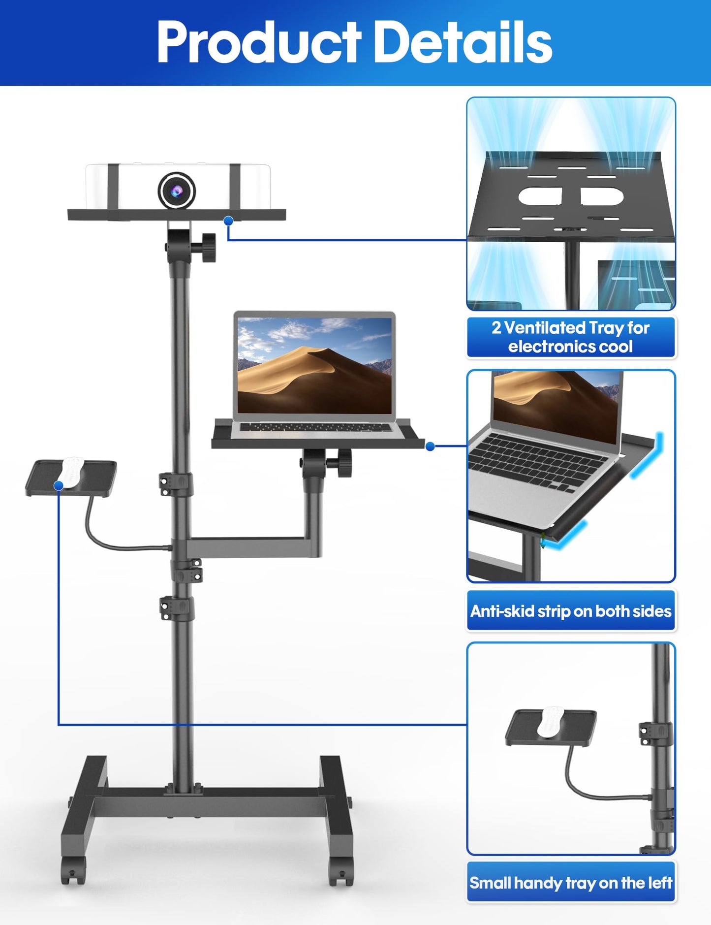 ORWOD Projector and Laptop Stand Tripod, 2 Shelves Mobile Laptop Tripod Stand, Max 47" Height Adjustable Laptop Cart on Wheels, Projector Floor Stand with Ventilated Tray for Podium, Meeting, Couch