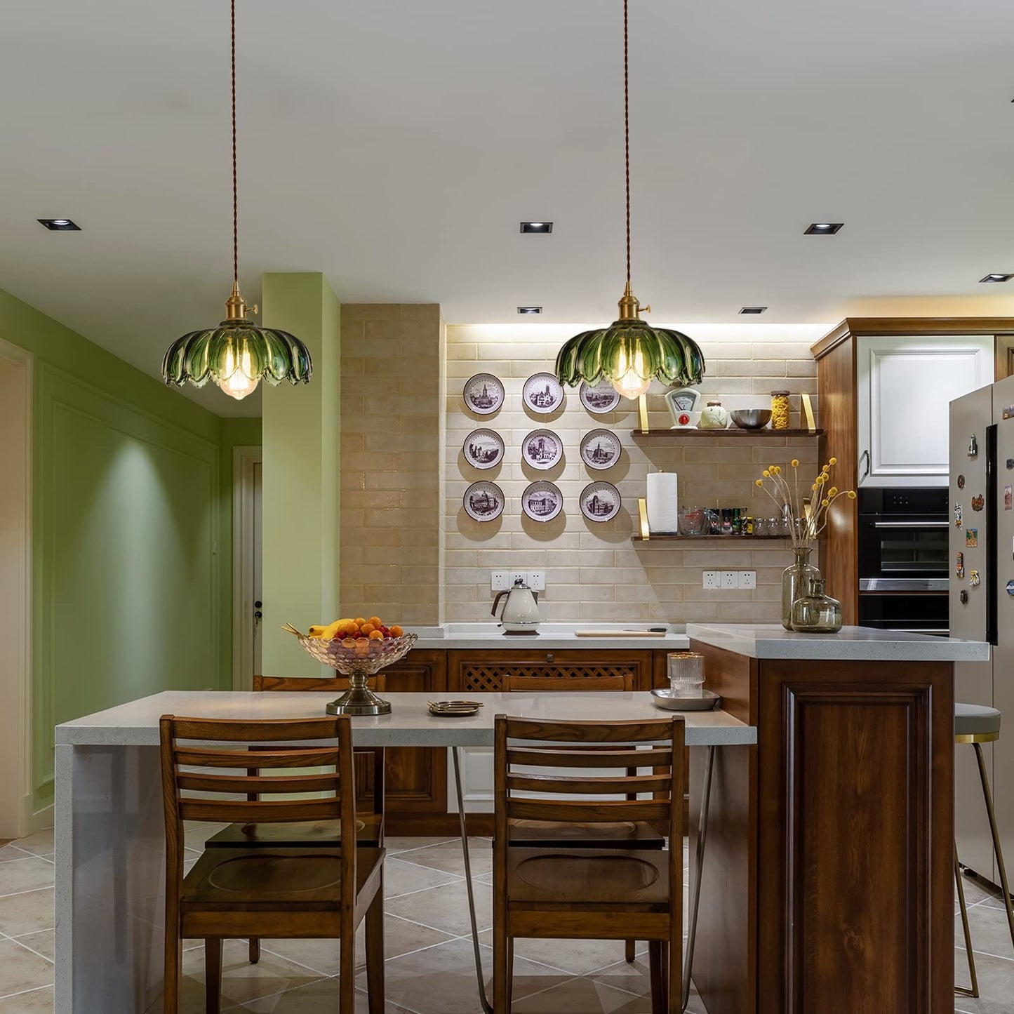 XZHGCEE Plug in Pendant Light Fixtures: Hanging Lamp Plug in Green Glass Pendant Lamp, Hanging Light for Kitchen Island, Bedroom, Dining Room, Living Room, E26 No Bulb