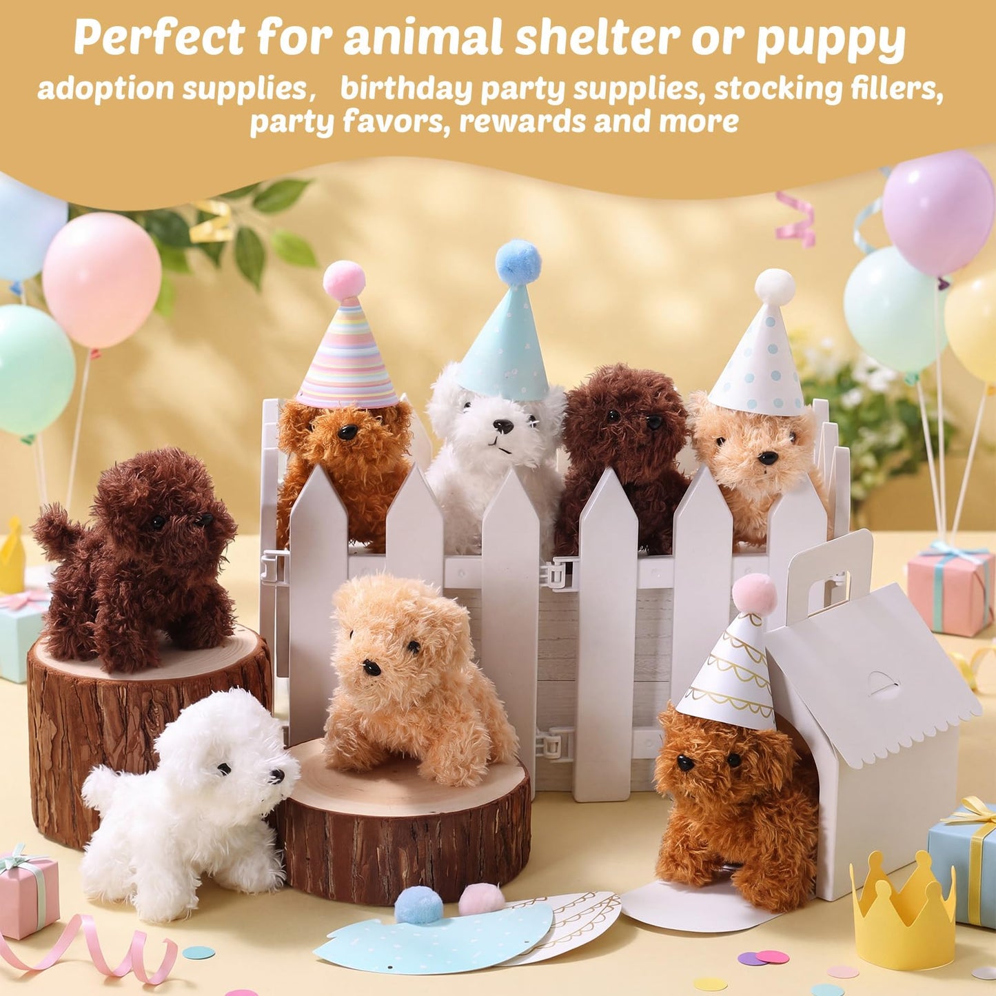 Motionchic 20 Pcs Mini Stuffed Animals Set Includes 20 Birthday Hats 20 Kraft Paper Boxes for Animal Theme Birthday Party Supplies Favors Gifts(White,Classic)