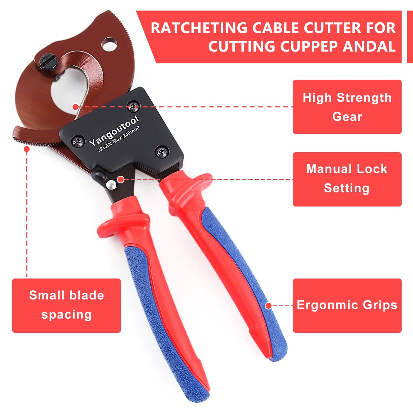 Yangoutool Ratchet Cable Cutter Heavy Duty for Copper and Aluminum Cables, 240mm² Capacity, Sharp Polished Edges, Ideal for Cutting Large Armored Electrical Wires, Perfect for Electricians