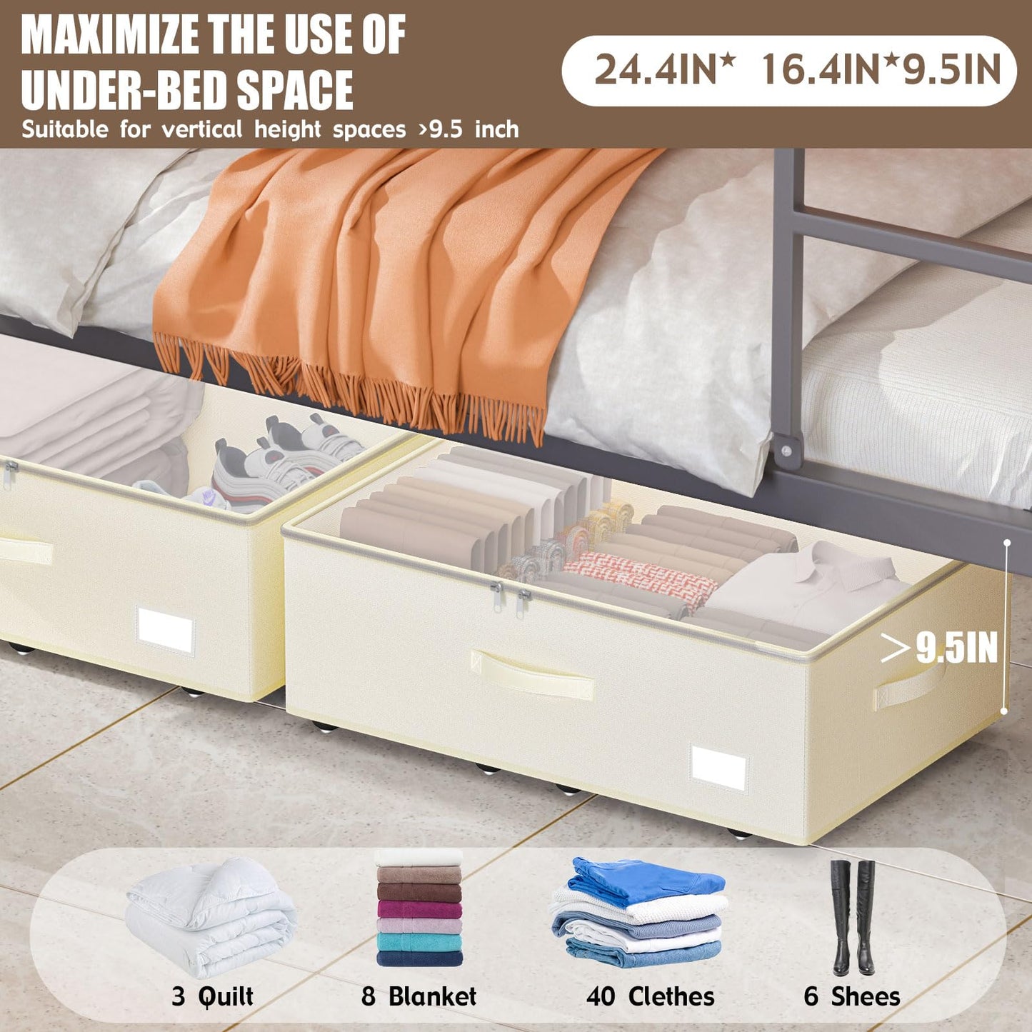 EE-RoomWorld Under Bed Storage with Wheels, No Assemble Required 10 inches height Under Bed Storage bins,Large capacity Rolling Underbed Shoe Storage containers，dorm underbed storage drawers