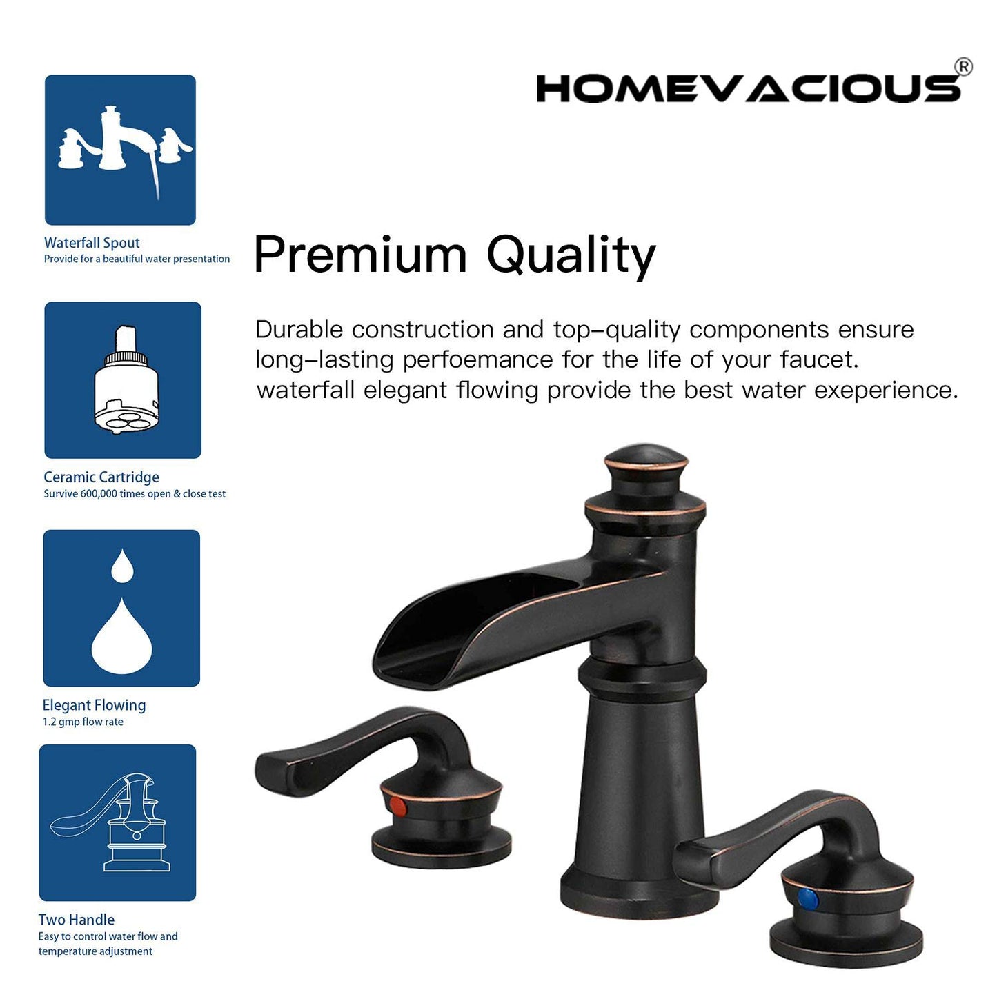 Homevacious Widespread Bathroom Faucet Oil Rubbed Bronze Waterfall 2-Handle with Pop up Drain Assembly Farmhouse 3 Holes 8-16 Inch Sink Rustic Mixer Tap Overflow Commercial Supply Line