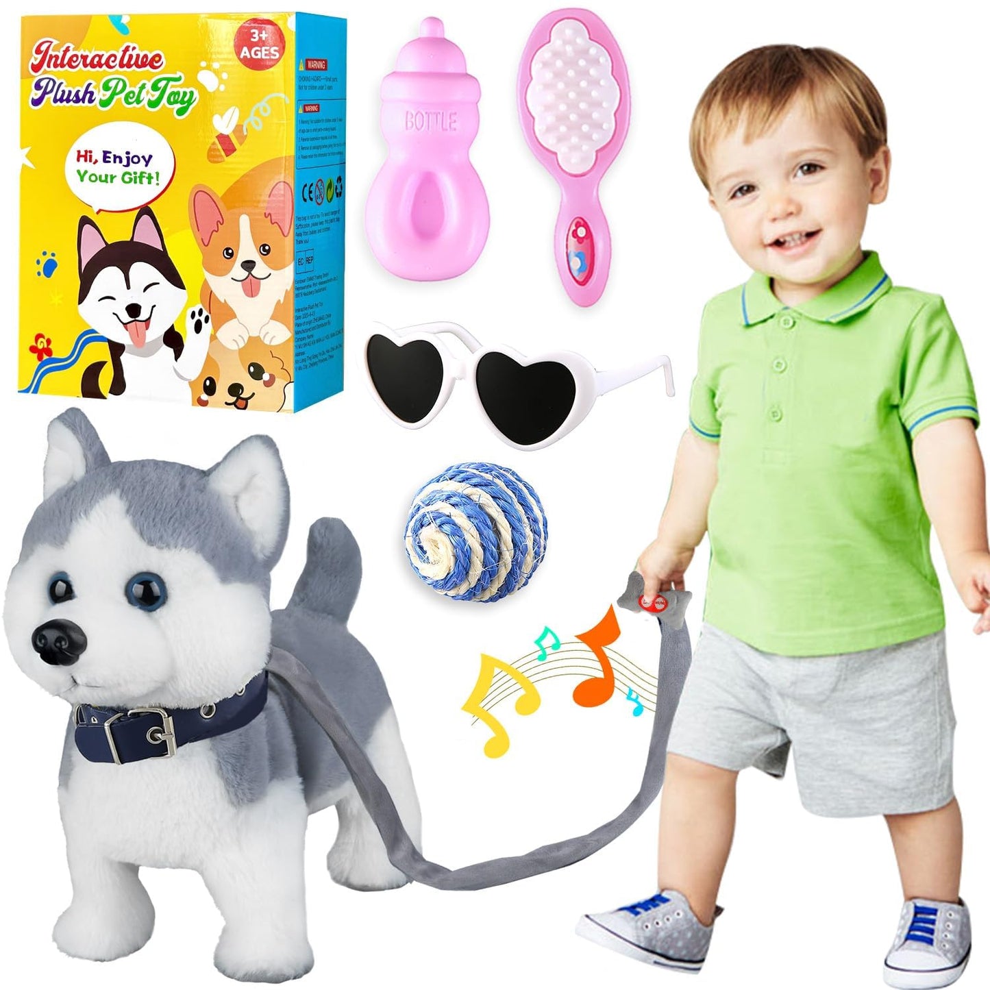 Marsjoy Husky Walking Dog Toy Musical Singing Dancing Plush Interactive Puppy with Leash Robot Plush Stuffed Animal Shaking Toy for Boys Girls