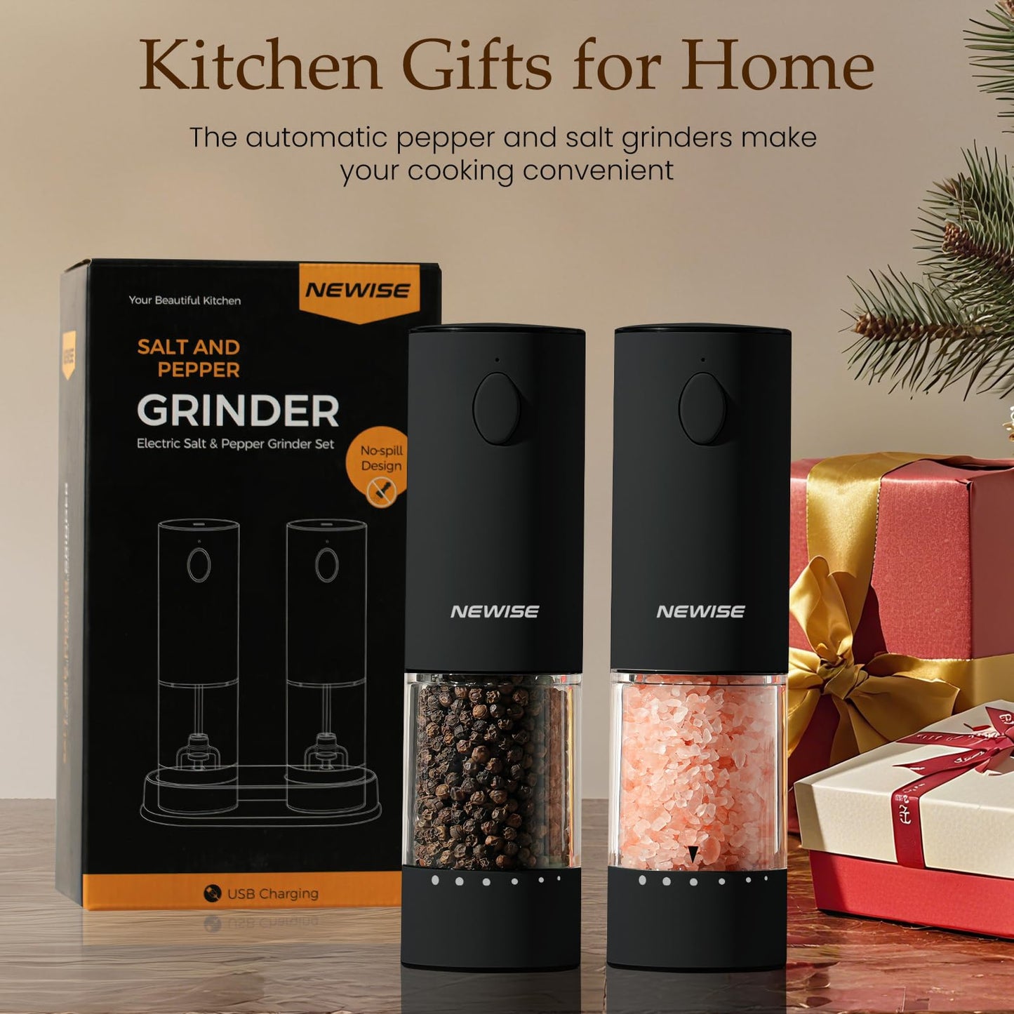 Newise Electric Salt & Pepper Grinder Set, Rechargeable with LED Light & External Coarseness Adjustment, One-Hand Operation, Valentines Day Kitchen Gifts for Him Home Cooks & Families - Black