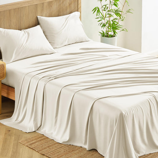 CozyLux King Size Sheets Set, Rayon Derived from Bamboo, Skin Friendly for Hot Sleepers, 16" Deep Pocket Cooling & Breathable All Season Bedding Set, Oeko-TEX Certified, Ivory