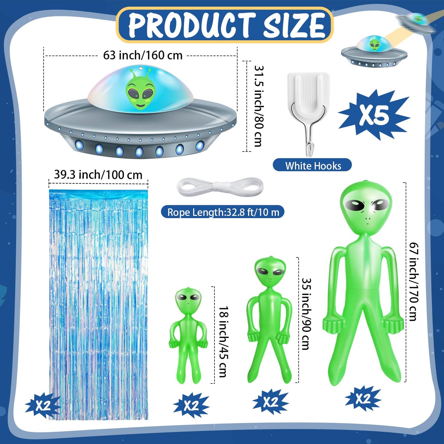 Simgoing 6 Pcs Alien Birthday Party Decorations Set Alien Door Curtains with Tinsel Foil Fringe Curtain and Inflatable Aliens UFO Spacecraft Party Flying Saucer Spaceship Hanging Banner for Halloween