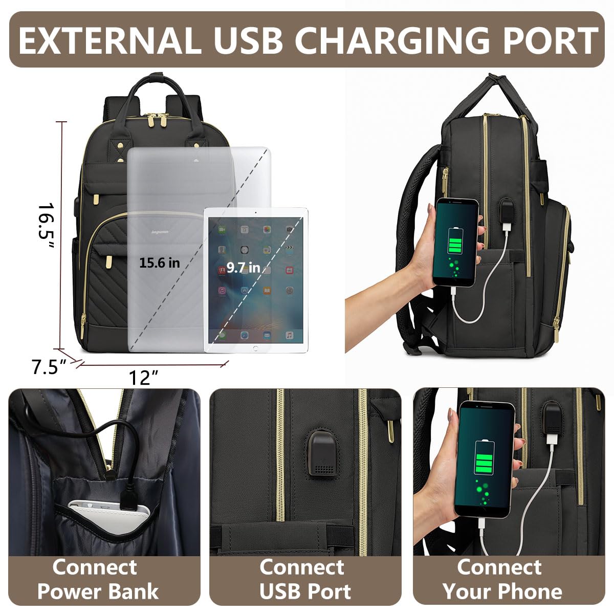 Laptop Backpack for Women Work Bag - 15.6 inch Black Travel Backpack College Backpack with USB Charger Business Office Back Pack for Teacher Casual Waterproof Bookbag for Nurses
