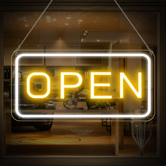 22.8"x 11.8" Ultra Bright 12V Neon Open Sign for Business, LED Open Neon Sign, Electric Light up Signs for Stores, Restaurants Offices Retail Shops Window (Yellow-White-Horizontal)