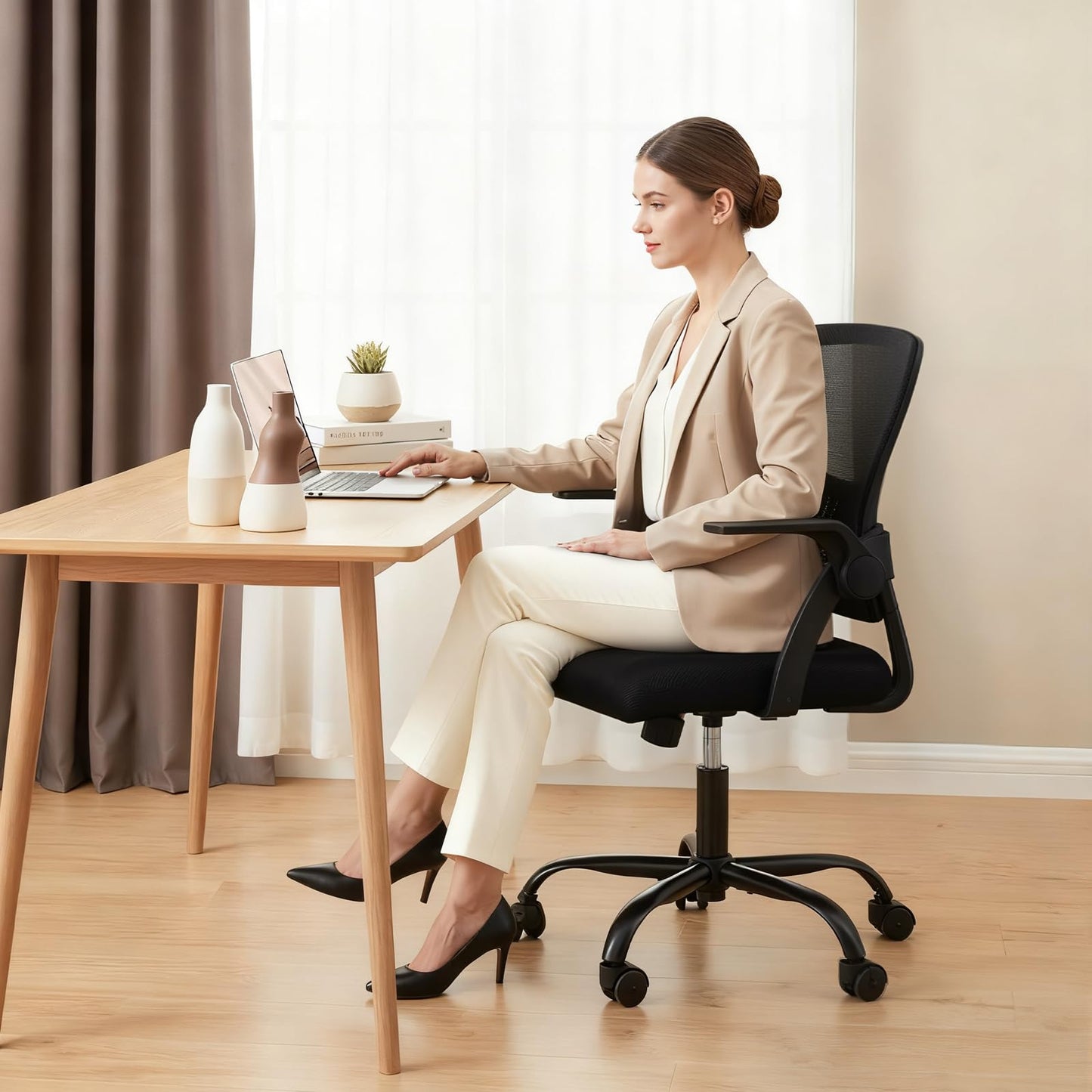 DUMOS Home Office Computer Chair - Ergonomic Mid Back Desk with Lumbar Support and Rocking Mode, Height Adjustable with Flip-up Armrest, for Conference Meeting Room, 360° Swivel, Adults, Black