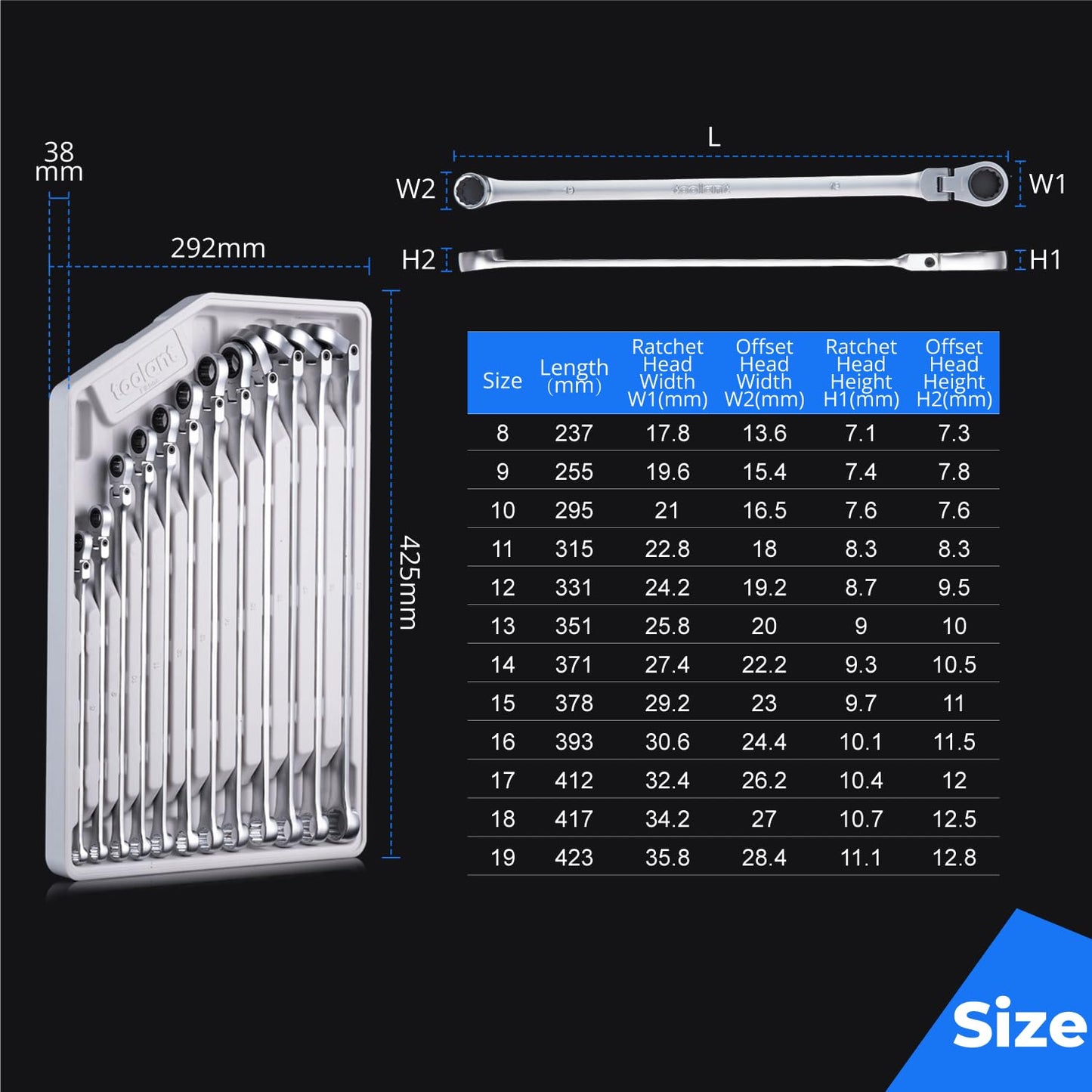 toolant Extra Long Ratcheting Wrench Set, Flex Head & Fixed Offset Head Double Box End Combination Wrench Set, CR-V Steel, Metric 8-19mm, 12PCS with Storage Tray