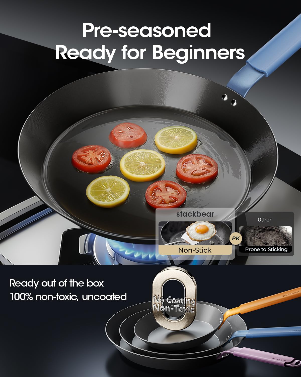 stackbear Carbon Steel Frying Pan 10 Inch, Nitrided Carbon Steel Skillet, Preseasoned Rust Resistant Cooking Pan, Induction & Oven Safe Professional Cookware