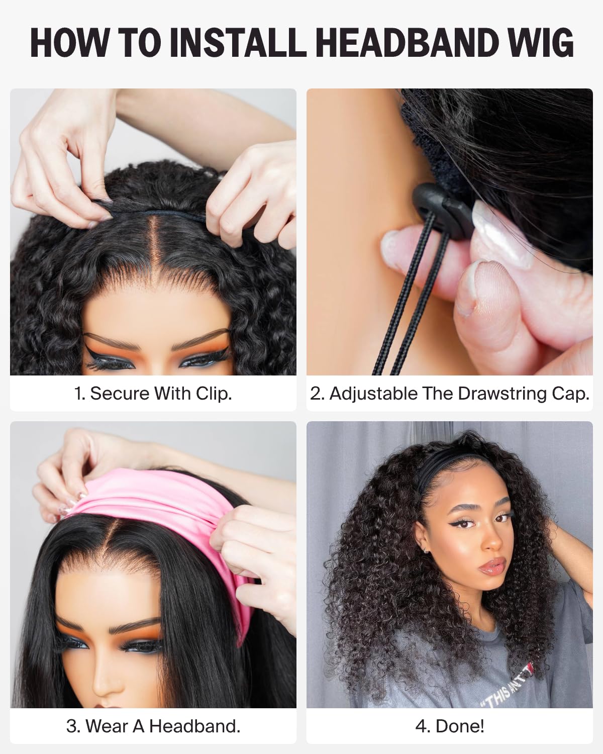 Megalook hair Headband Wig Human Hair Kinky Curly Glueless Wigs Human Hair Machine Made No Lace Headband Wigs,Natural Black Kinky Curly Wig Drawstring Ponytail for Black Women 16 Inch