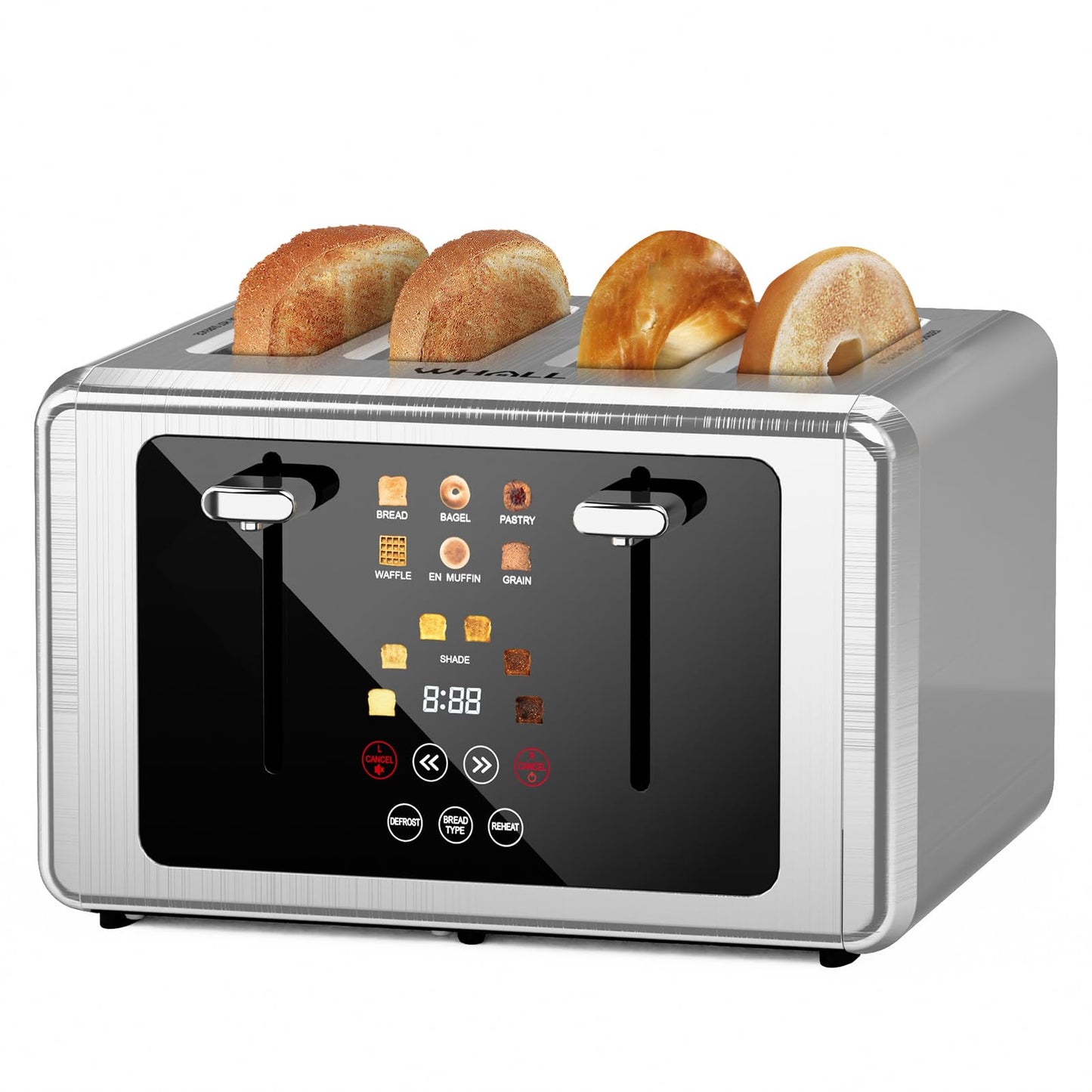Whall 4-Slice Smart Toaster with Touchscreen & Extra-Wide Slots, Dual Independent Control, 6 Browning Levels & 6 Bread Types, Memory Function,Countdown Timer, Ideal Kitchen Gift,Platinum
