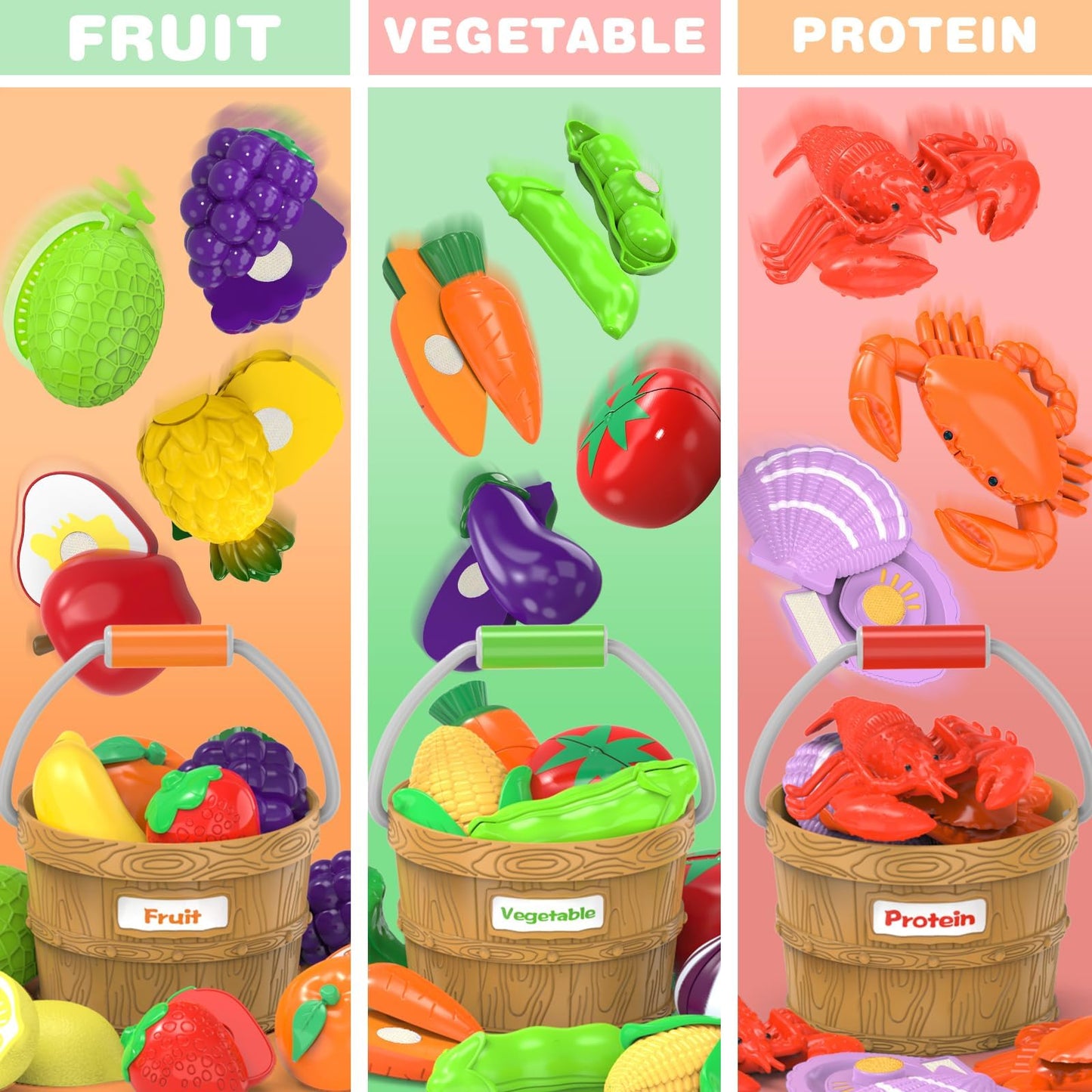 Food Toys for Kids Pretend Play Kitchen Accessories Food Sorting Toy Fake Fruits and Vegetables Set with Shopping Storage Basket Table