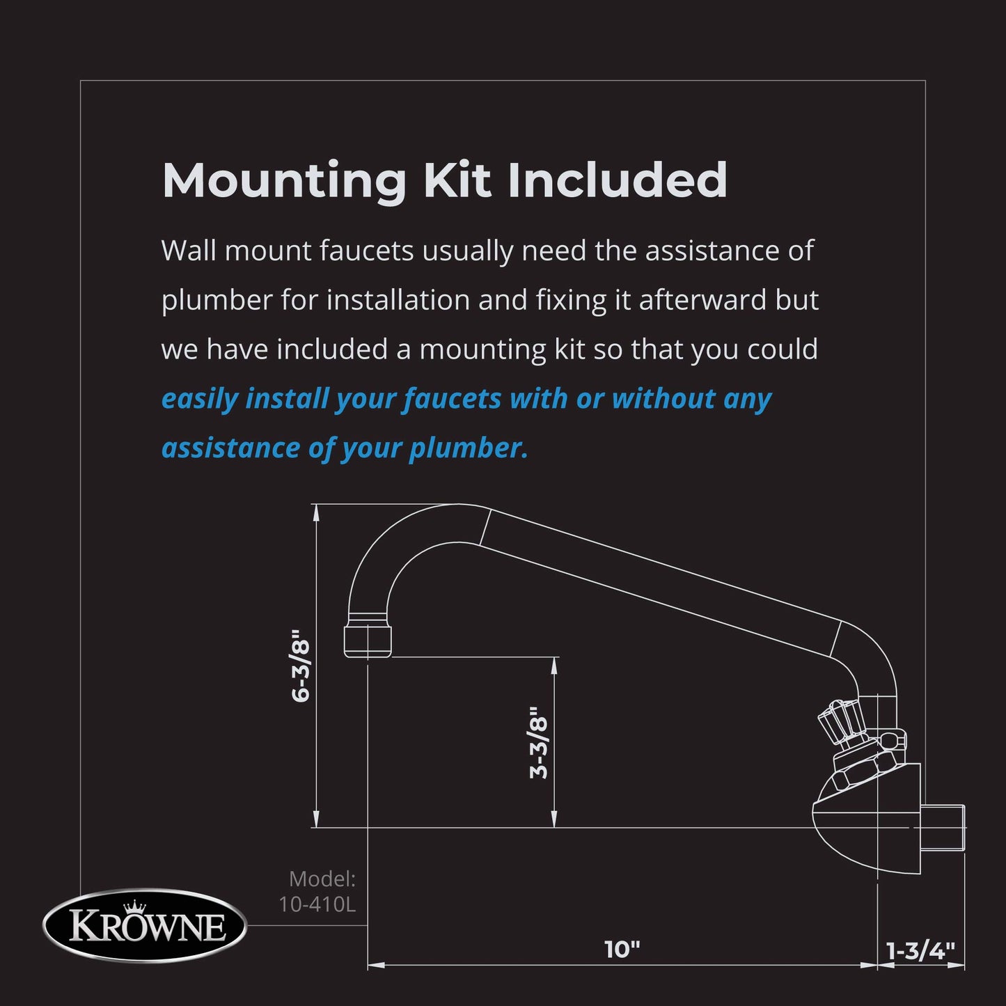 Krowne Silver Series 10-410L Wall Mount Kitchen Faucet with 4” Center Mount 10" Swing Spout and 1/2" NPS Male Inlets for Utility Sink Commercial Food Industry Restaurant | 10"L x 8"D, Chrome, NSF
