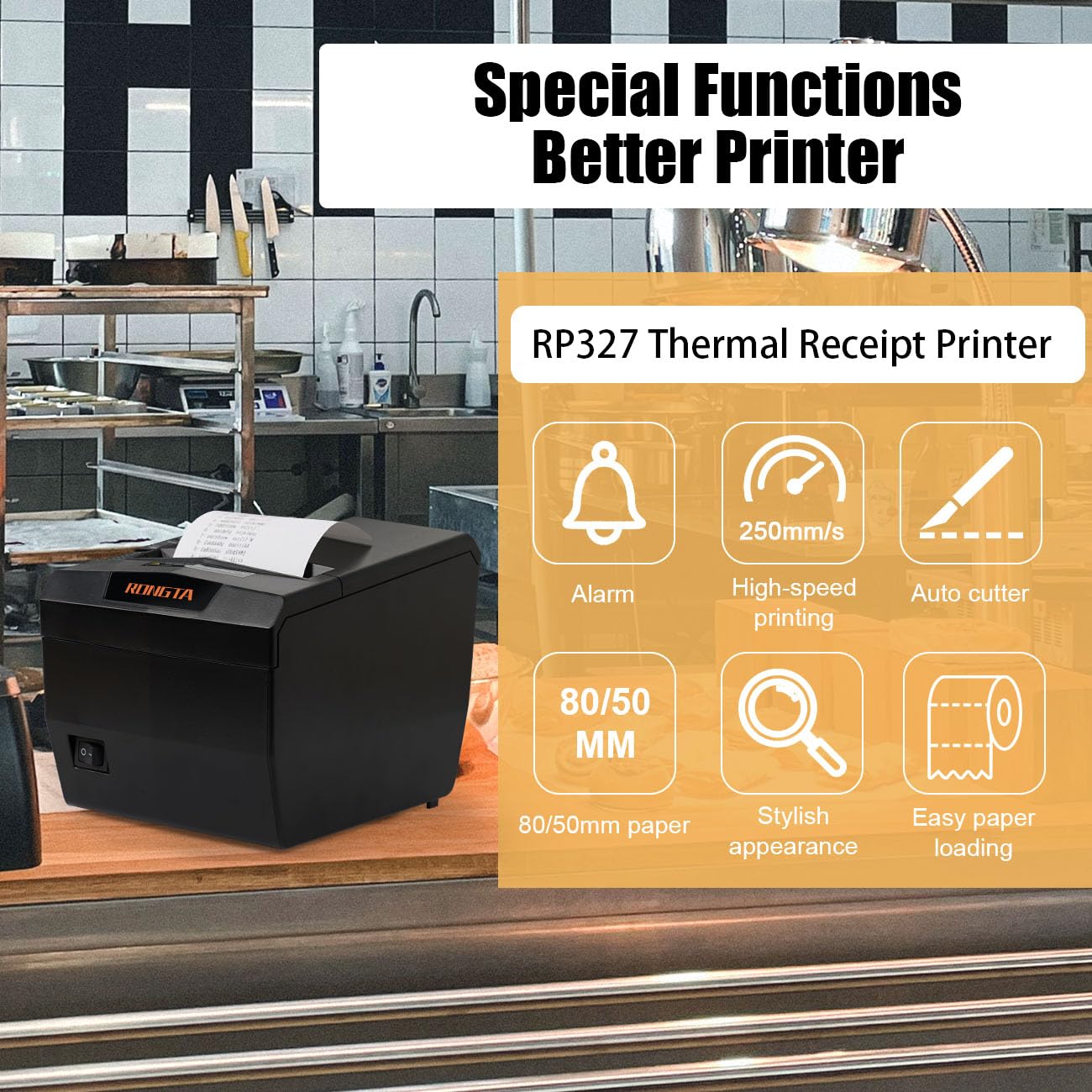 Rongta POS Receipt Printer, 80mm Thermal Printer with USB/Serial/Ethernet and Auto Cutter for Kitchen and Retail Use, Cash Drawer Support for Windows/Mac/Linux (RP327)
