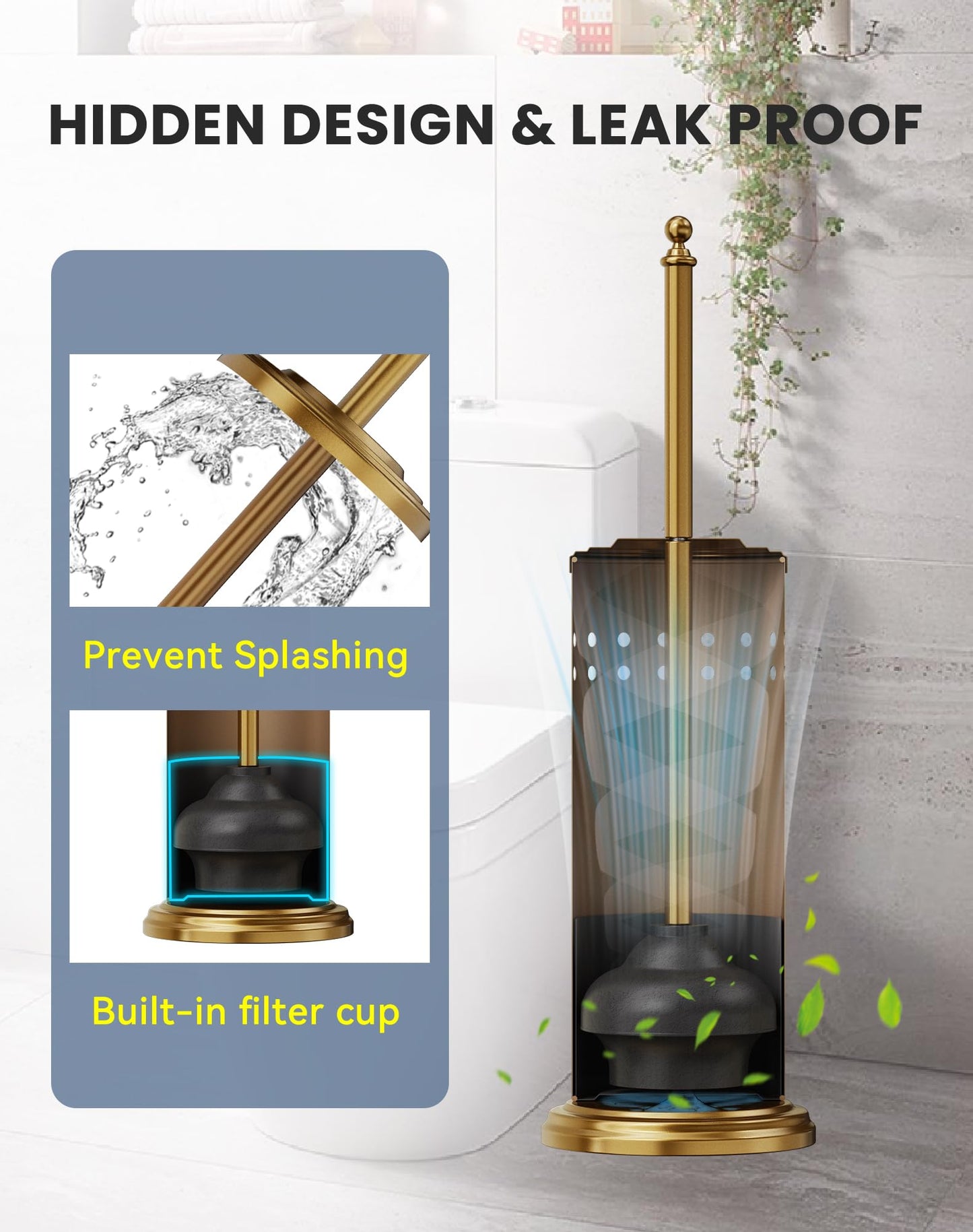 DOWRY Anti-Hand Off Toilet Plunger with Holder for Bathroom,Powerful Efficient Force Suction Cup,Heavy Duty, Deep Cleaning, Gold
