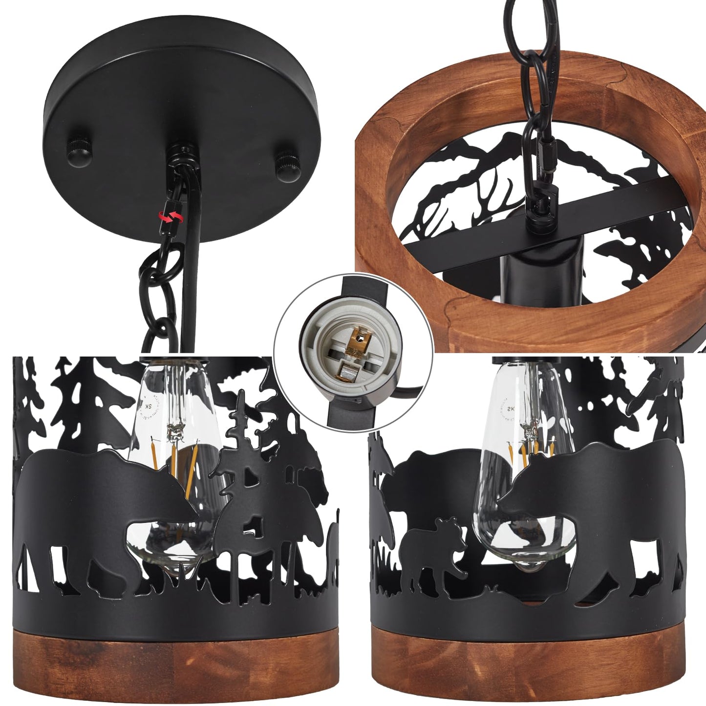 Rustic Bear Pendant Light, 1-Light Farmhouse Wood and Metal Cage Chandelier, Adjustable Hanging Ceiling Fixture for Kitchen Island, Hallway, Bar, Dining Room, Foyer, or Bedroom, (No Bulb Included)