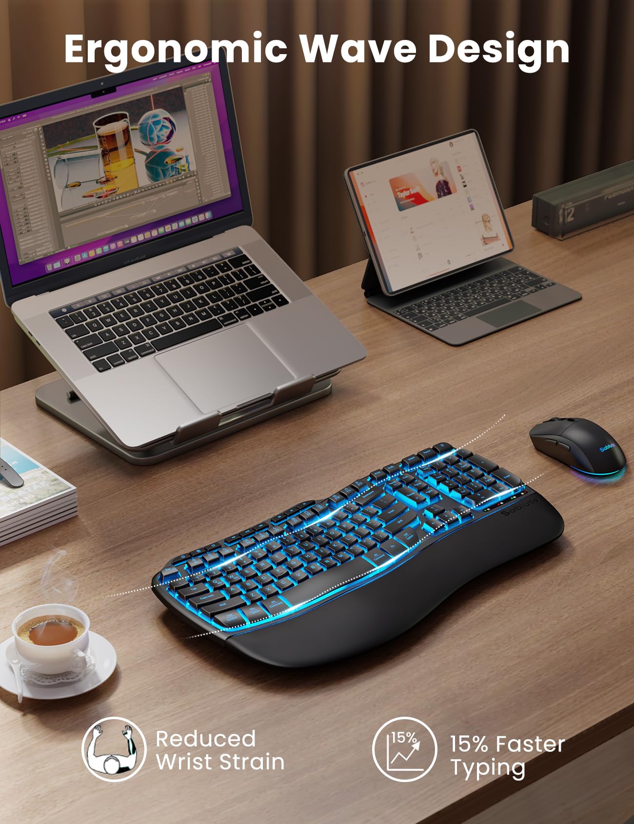 Ergonomic Wireless Keyboard and Mouse Combo, Rechargeable 4000mAh Backlit Keyboard with a Soft, Faux Lambskin Palm Rest, Wave Keys for Natural Typing, Compatible with Windows/Mac/Chromes OS—SABLUTE