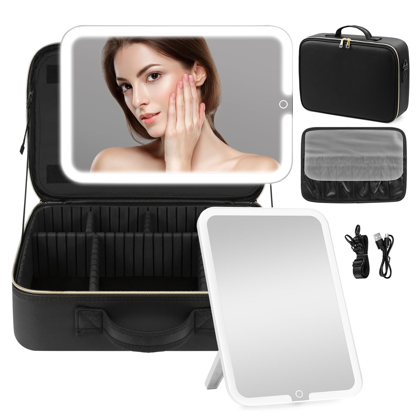 JJhxr 15''X11'' Makeup Bag with Removeable Lighted Mirror, Travel Makeup Case with 3 Color Lights Dimmable Brightness, Large Capacity Cosmetic Organizer Case with Detachable Dividers & Shoulder Strap