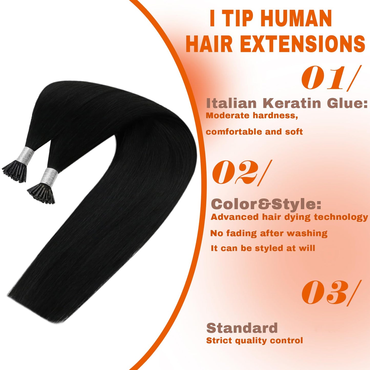 Sunny Hair Black I Tip Hair Extensions Human Hair 28inch I Tips Extensions Jet Black Itips Human Hair Extensions Heat-Stylable I Tip Extensions Straight Itips Invisible Bead Hair extensions 50g 50s