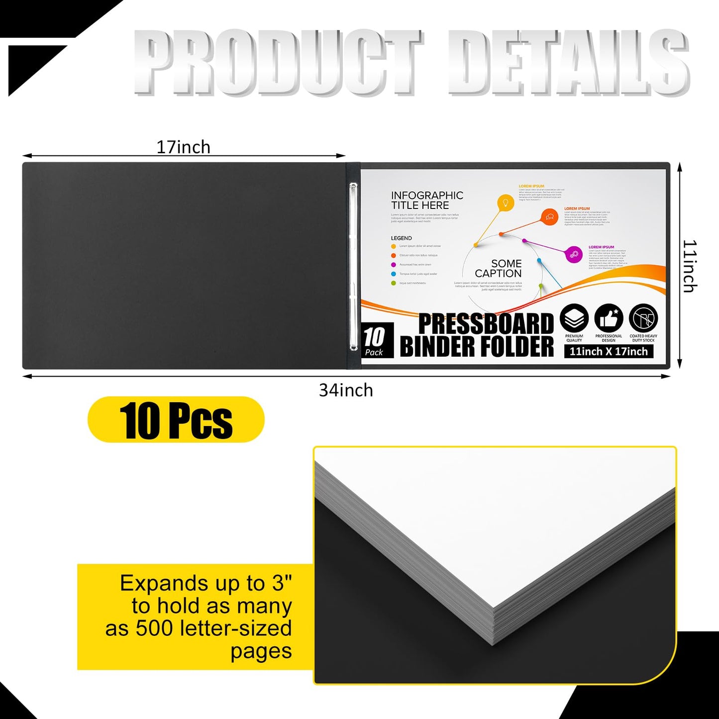 Resurhang 10 Pcs 11x17 Inch Pressboard Report Cover, 3" Capacity Presentation Binder Folder with Metal Prong Paper Fastener to Neatly Bind Reports Proposals Transcripts, Other Documents (Black)