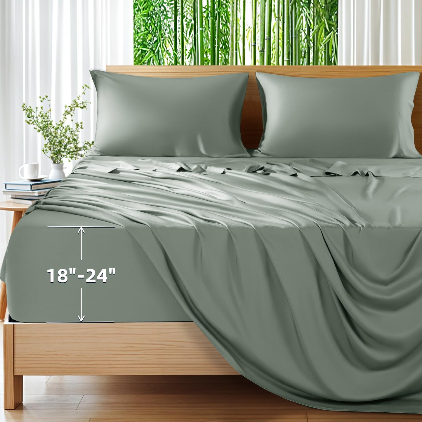 Shilucheng 100% Viscose Derived from Bamboo_Sheets, Extra Deep Pocket Sheets Fits 18"-24" Thick Mattress, Cooling & Breathable Bed Sheets 4Pcs, Hotel Silky Bedding Set (Queen,Sea Glass)