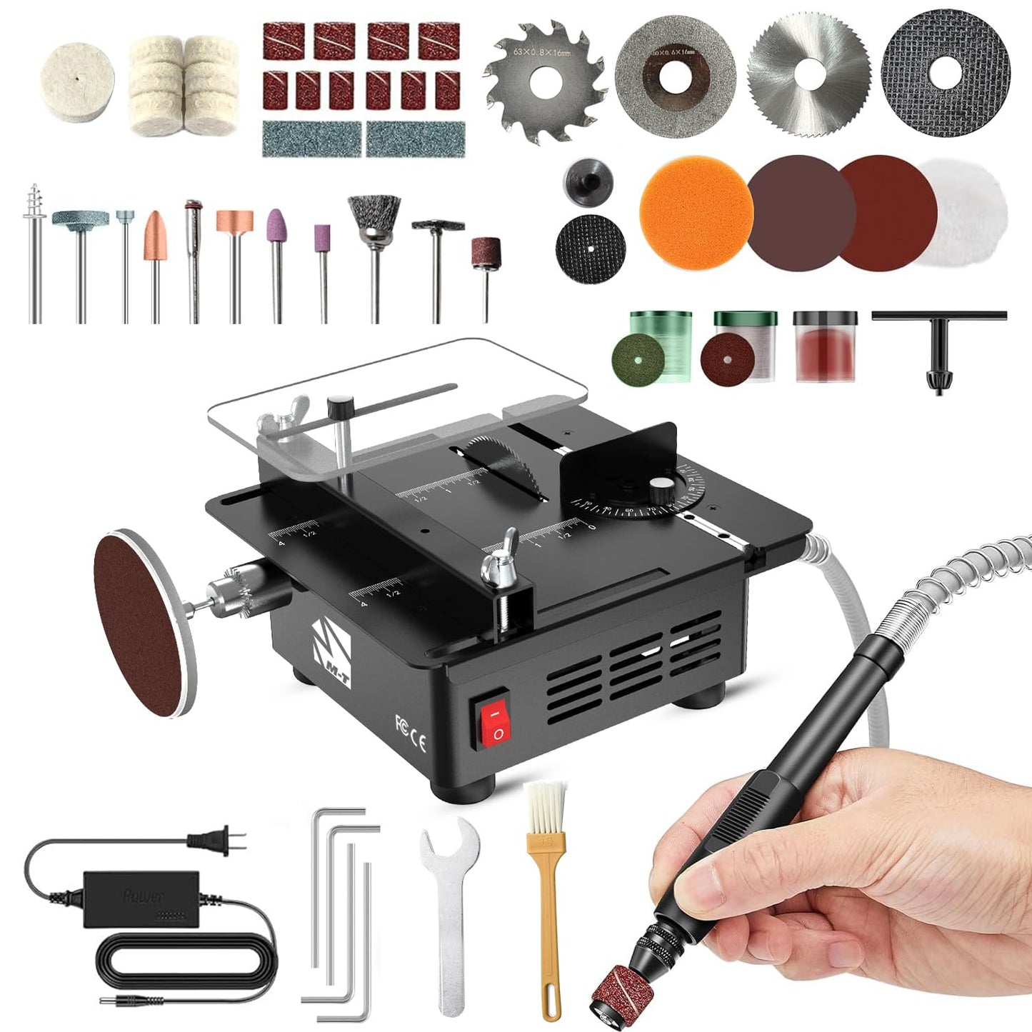 Mini Table Saw, M-T Multi-Functional Desktop Portable Table Saw for Crafts with Adjustable Speed & Angle, All-in-One Cutting, Sanding, Engraving & Drilling Tool for Wood, Acrylic, Plastic, PCB
